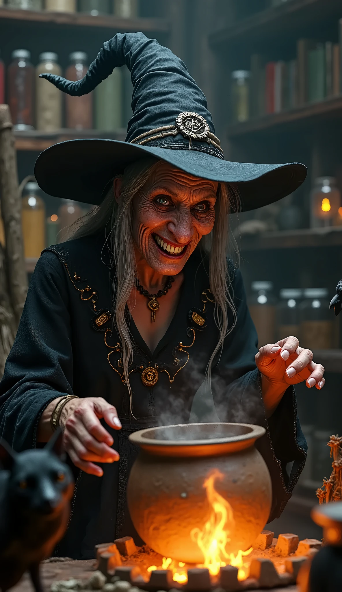 an old witch, big nose with warts, face wrinkled by age, evil smile, witch clothes, Black witch hat, Bruna&#39;s black dress with witch decorations, making a potion in a cauldron on a witch&#39;s bonfire, stirring the potion, dark room full of jars books, Witch's Broom, black cat, a black crow, full body general shot, hyper detailed, skin texture, cinematic lighting and dark sharpness, masterpiece, HD, 16K, the best awarded image, mystical magic