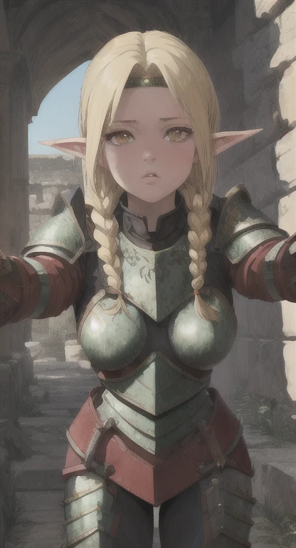 Ancient elf, paladin, lady Hylexia, blonde, red eyes, paladin braids, looking at viewer, incoming hug, kiss, long messy hair, ancient kingdom, ancient paladin armor,