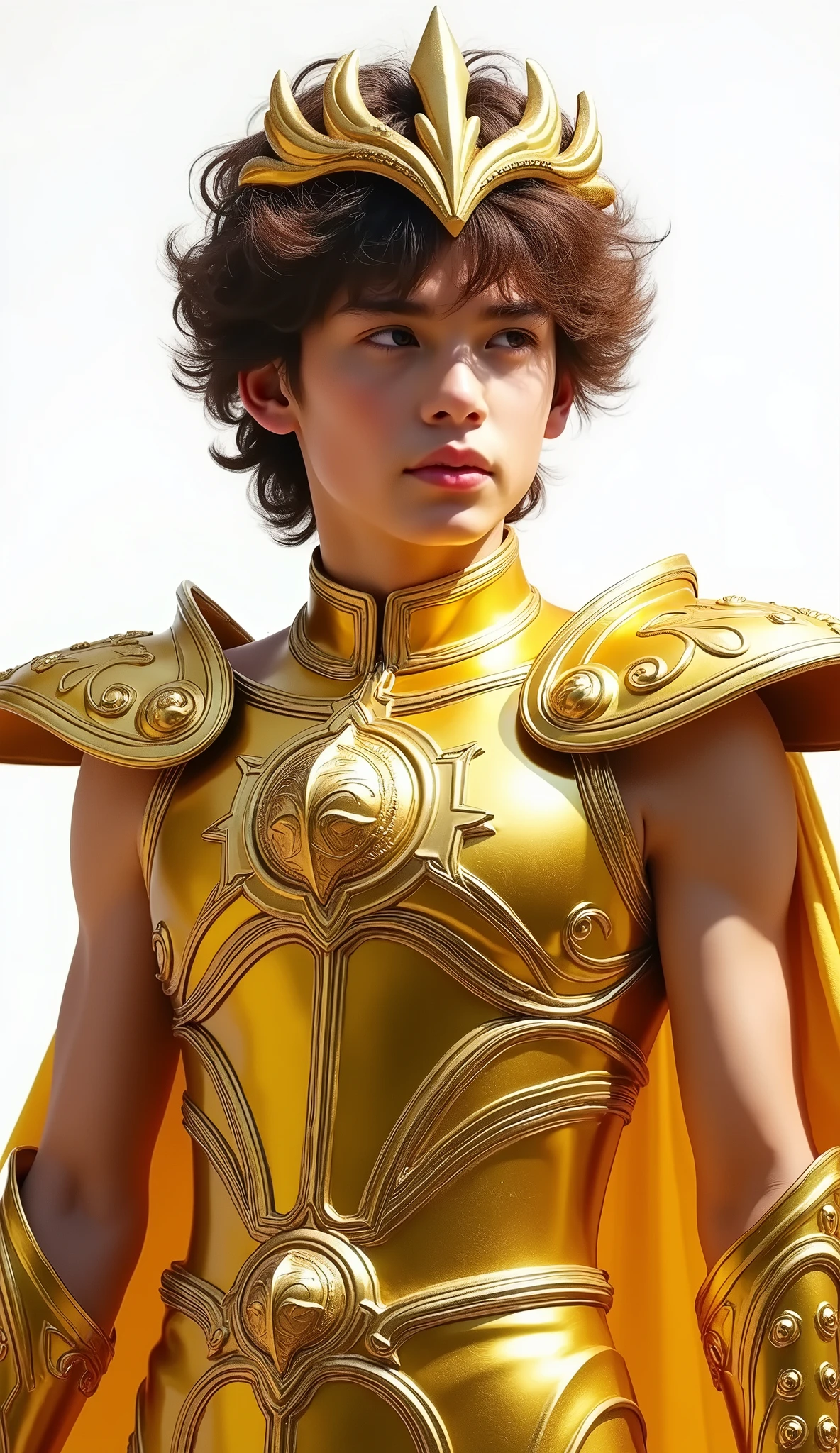 <realistic, intricate details, 4k, uhd, masterpiece, photo realistic), a beautiful boy, with golden armour, beautiful intricate friezes