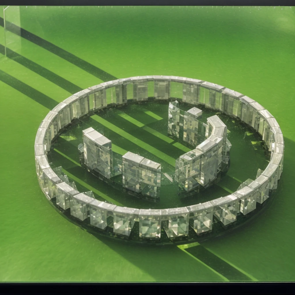 Make an exact duplicate of this structure in crystal clear glass. Including the top blocks. Perspective From above,  Hyperdetailed, Hyperrealism, Glass Morphism, Photorealistic, Photorealistic, Portrait Photography, Realism, God Rays, Sparkle, Depth Of Field, Best Quality, Masterpiece, 