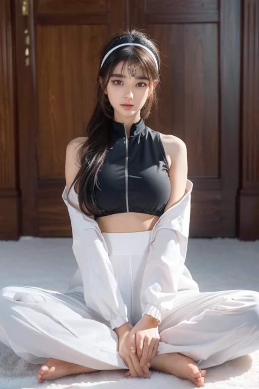 black undersuit，white colors，Clear focus：1.2，（layer cut，The large：1.2），Beautiful Women in Perfect Figure：1.4，Slender abs：1.2，Moist body：1.5，Highly Detailed Face and Skin Textur，Detailed eyes，pair眼皮，long whitr hair，squatting on the ground，No clothes，white colors丝袜，pair