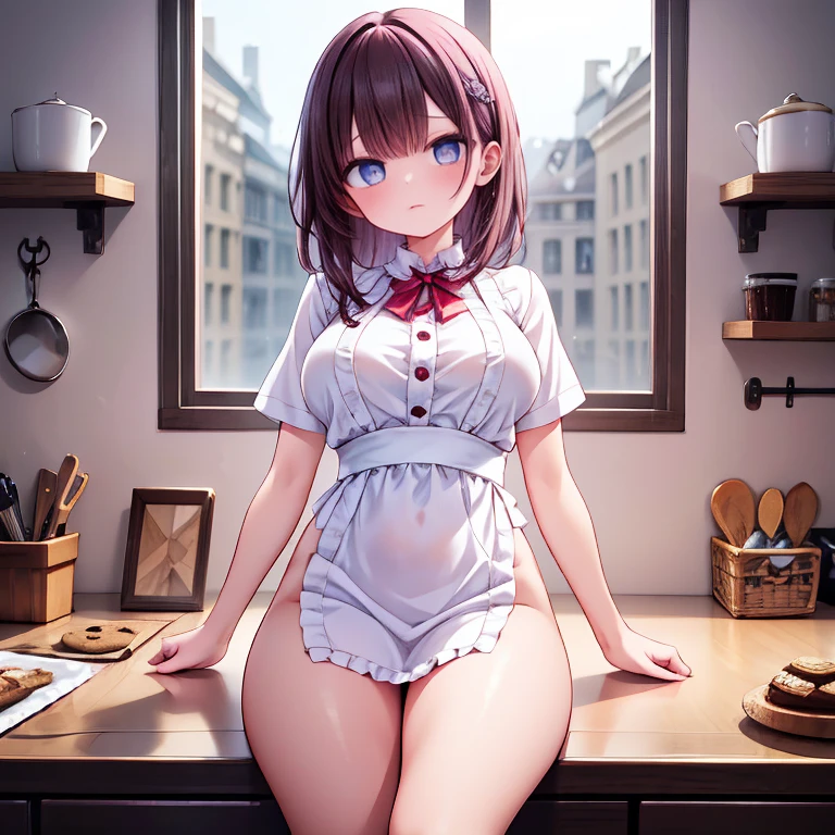 full body Waifu beautiful detailed eyes, beautiful detailed lips, extremely detailed eyes and face, longeyelashes, 1girl, sensual, young woman, sexy medium / large breasts, beautiful feminine face, nice sexy thighs, slim, sexy, erotic, beautiful clothes, perfect body, perfect anatomy of female, cinematic lighting and framing, (best quality,4k,8k,highres,masterpiece:1.2),ultra-detailed,digital painting,portrait,glamorous,highly detailed,soft lighting, vivid color tones ((masterpiece)), ((best quality)), (ultra-detailed)  Girl with dream of becoming a pastry chef。She wears a pink apron and a white shirt.、Her hair is in a brown ponytail。Although she is making cakes and cookies in the kitchen、Very skillful and amazingly skillful。She kneaded the dough or、Put it in a mold、It depicts how to decorate、Her face is a mixture of seriousness and fun。In the background, there are showcases and registers with her works.、Make you feel the atmosphere of the store。She's working hard to achieve her dream.、Makes you want to support those who are watching