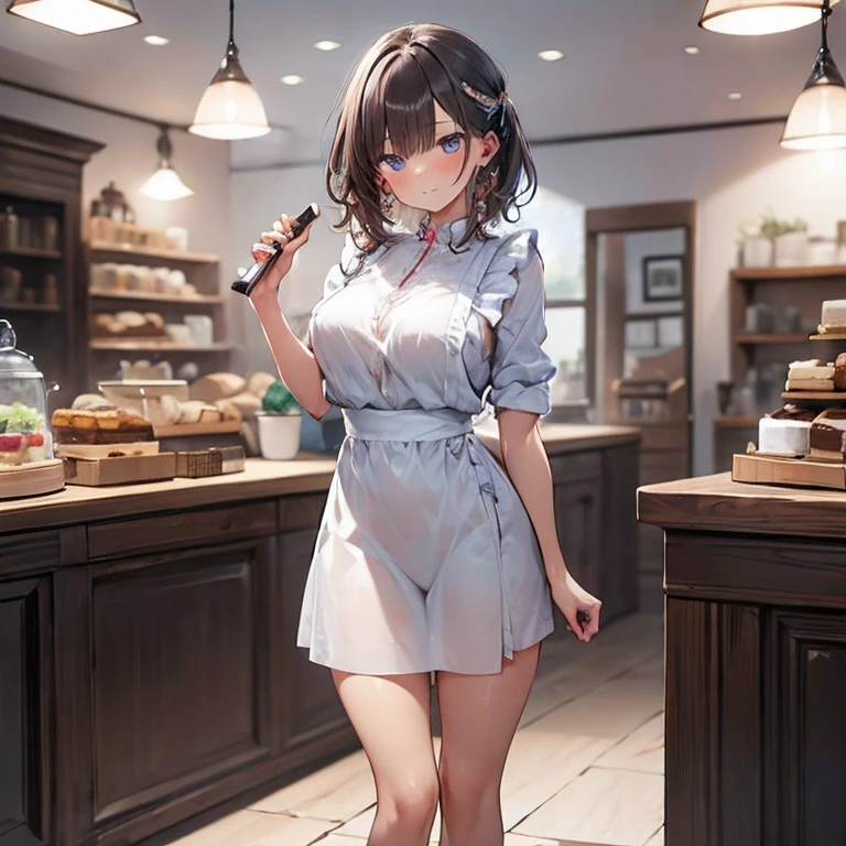 full body Waifu beautiful detailed eyes, beautiful detailed lips, extremely detailed eyes and face, longeyelashes, 1girl, sensual, young woman, sexy medium / large breasts, beautiful feminine face, nice sexy thighs, slim, sexy, erotic, beautiful clothes, perfect body, perfect anatomy of female, cinematic lighting and framing, (best quality,4k,8k,highres,masterpiece:1.2),ultra-detailed,digital painting,portrait,glamorous,highly detailed,soft lighting, vivid color tones ((masterpiece)), ((best quality)), (ultra-detailed)  Girl with dream of becoming a pastry chef。She wears a pink apron and a white shirt.、Her hair is in a brown ponytail。Although she is making cakes and cookies in the kitchen、Very skillful and amazingly skillful。She kneaded the dough or、Put it in a mold、It depicts how to decorate、Her face is a mixture of seriousness and fun。In the background, there are showcases and registers with her works.、Make you feel the atmosphere of the store。She's working hard to achieve her dream.、Makes you want to support those who are watching