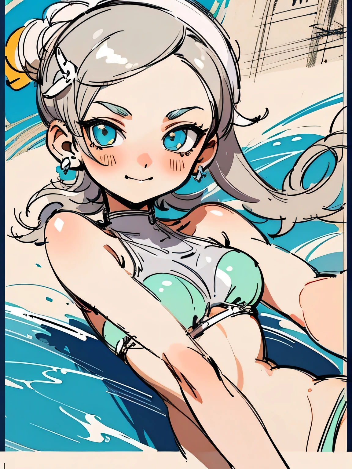 1woman, tan, tanned skin, swimsuit, V-shaped swimsuit, tiny swimsuit, revealing too much skin, exposing navel, no underwear except for ultra-thin V-front micro plunge., ((Only ultra-thin V-front micro plunge)), ((Only black ultra-thin V-front micro plunge))