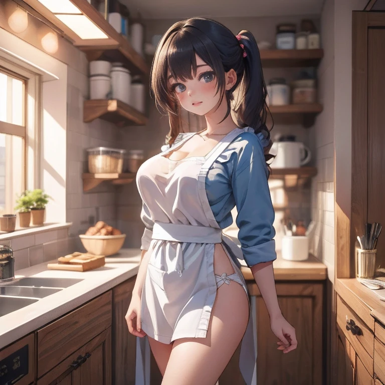 (​masterpiece), (Top image quality), (ultra-definition), (Best Illustration), (Best Shadow), 超A high resolution, (Photorealsitic:1.4), 1 girl at home, Bright kitchen、((Transparent white apron、Apron with pleated shoulder strap、Apron with white heart-shaped pockets)),  no-bra, 鎖骨, (Soft big、small areola and protrusion,,,,), (Ponytail and ribbon、bangss), see the beholder,Colossal tits、(A slight smil、Shyness、Perplexed)、soft and big buttocks、(Cotton panties、Low leg panties with white and light blue stripes、Small panties with a low cut)、Whipped cream in a bowl、Whipper in hand、