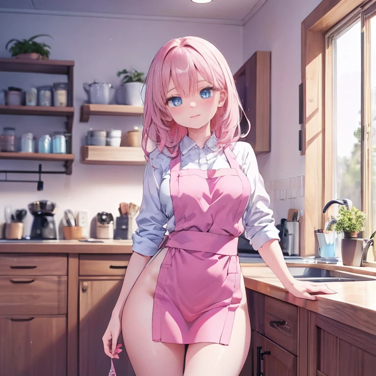 room, 1girl, looking at viewer, shocked face, short pink braided hair, blue eyes, medium tits, black maid outfit side slit, small waist aprom, sweaty cleavage, thick thighs, big ass, sweat on cleavage, sitting on kitchen counter