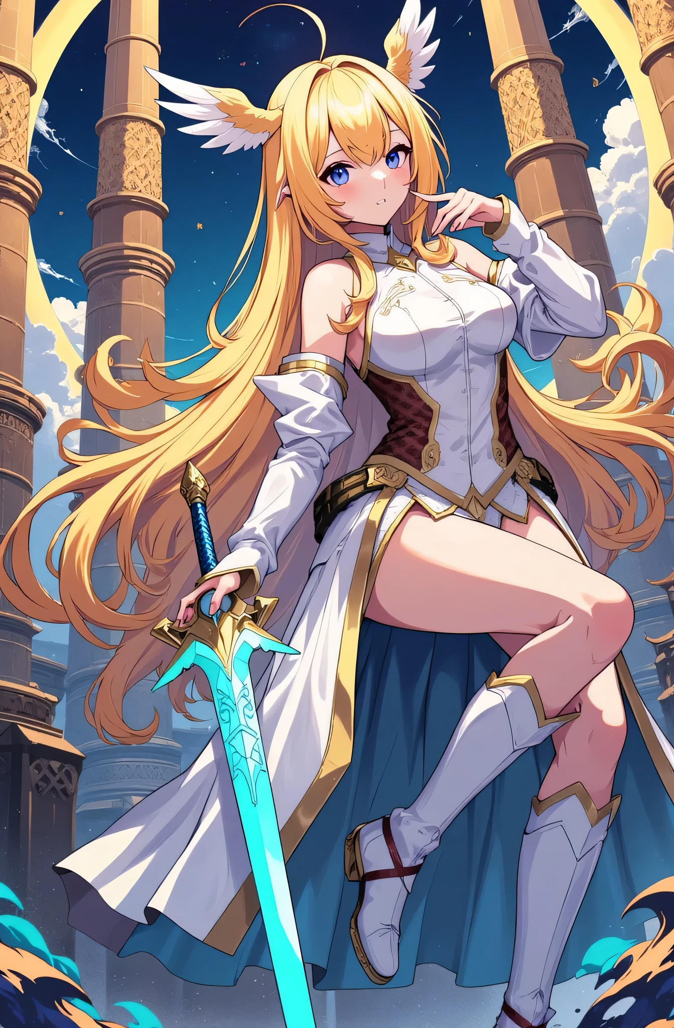 4K,High resolution,One Woman,Blonde,Long Hair,Blue Eyes,Big Breasts,Valkyrie,White Holy Armor,White Armor Long Boots,White Armor Gloves,Winged headgear,Jewelry decoration,Holy Long Sword,Temple in the Sky