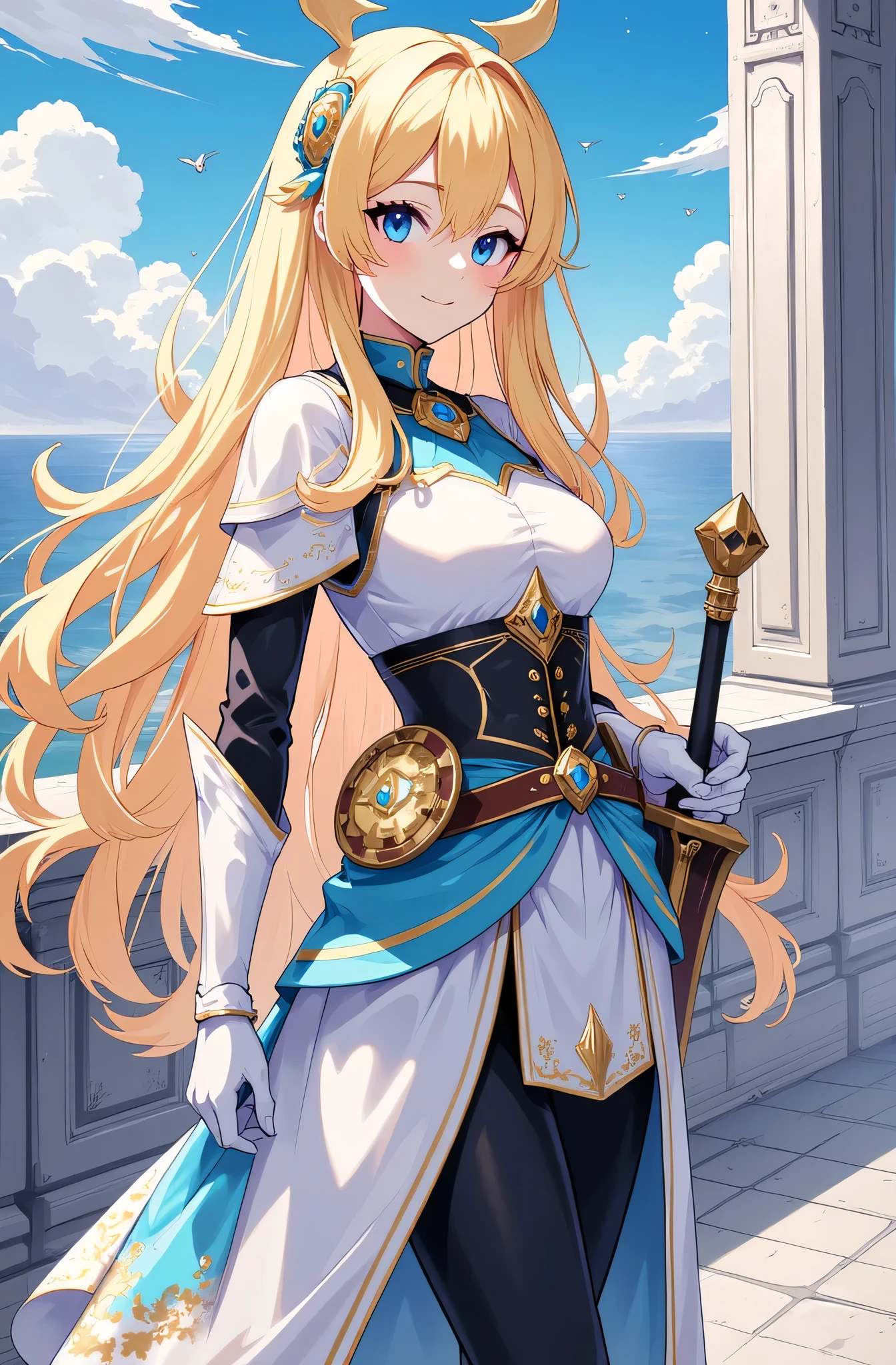 4K,High resolution,One Woman,Blonde,Long Hair,Blue Eyes,Big Breasts,Valkyrie,White Holy Armor,White Armor Long Boots,White Armor Gloves,Winged headgear,Jewelry decoration,Holy Long Sword,Temple in the Sky