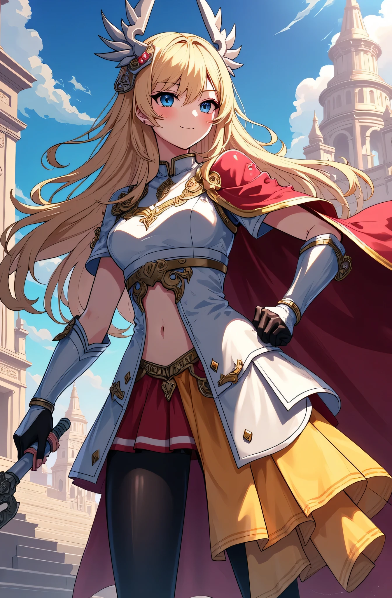 4K,High resolution,One Woman,Blonde,Long Hair,Blue Eyes,Big Breasts,Valkyrie,White Holy Armor,White Armor Long Boots,White Armor Gloves,Winged headgear,Jewelry decoration,Holy Long Sword,Temple in the Sky