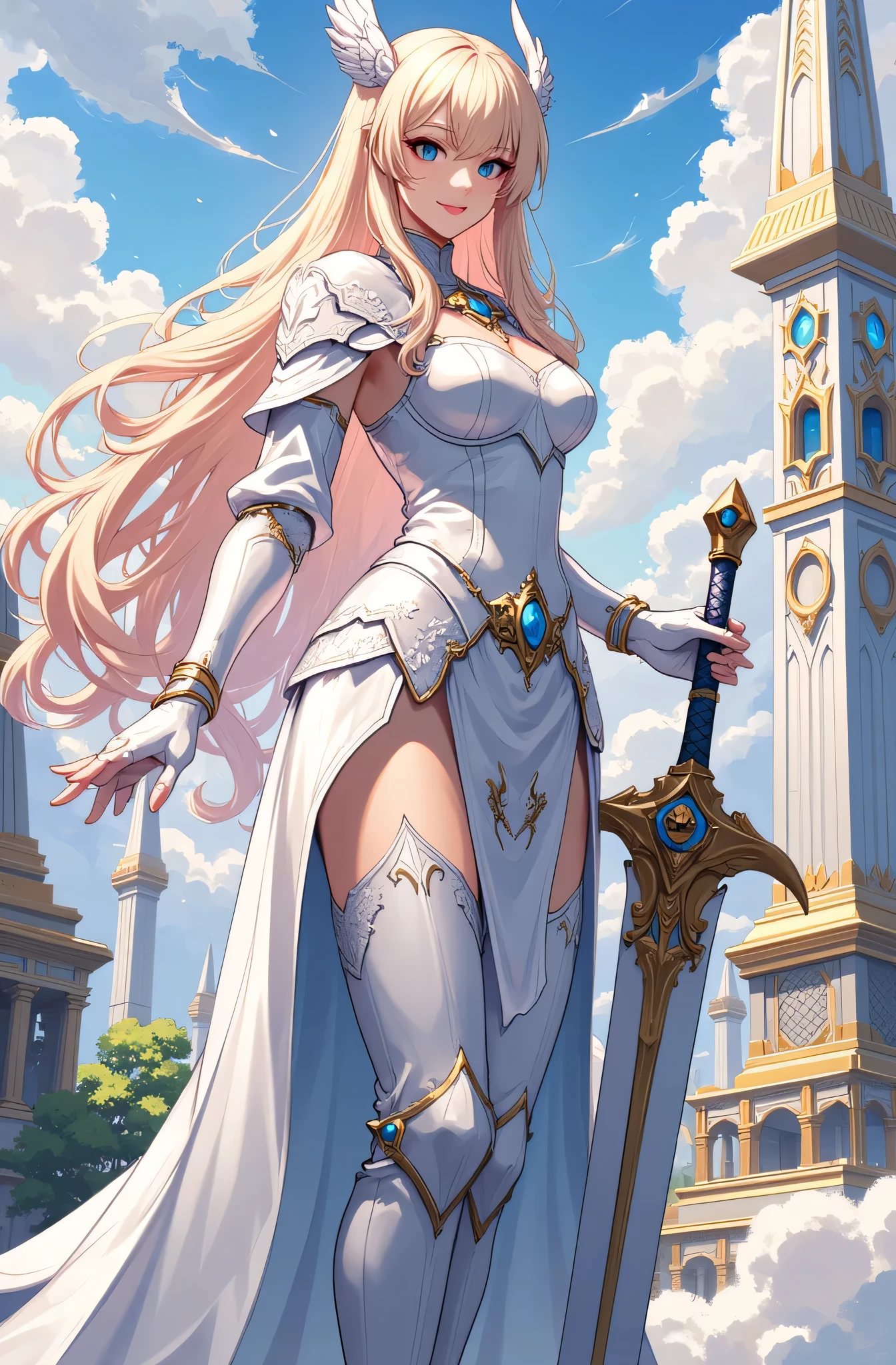 4K,High resolution,One Woman,Blonde,Long Hair,Blue Eyes,Big Breasts,Valkyrie,White Holy Armor,White Armor Long Boots,White Armor Gloves,Winged headgear,Jewelry decoration,Holy Long Sword,Temple in the Sky