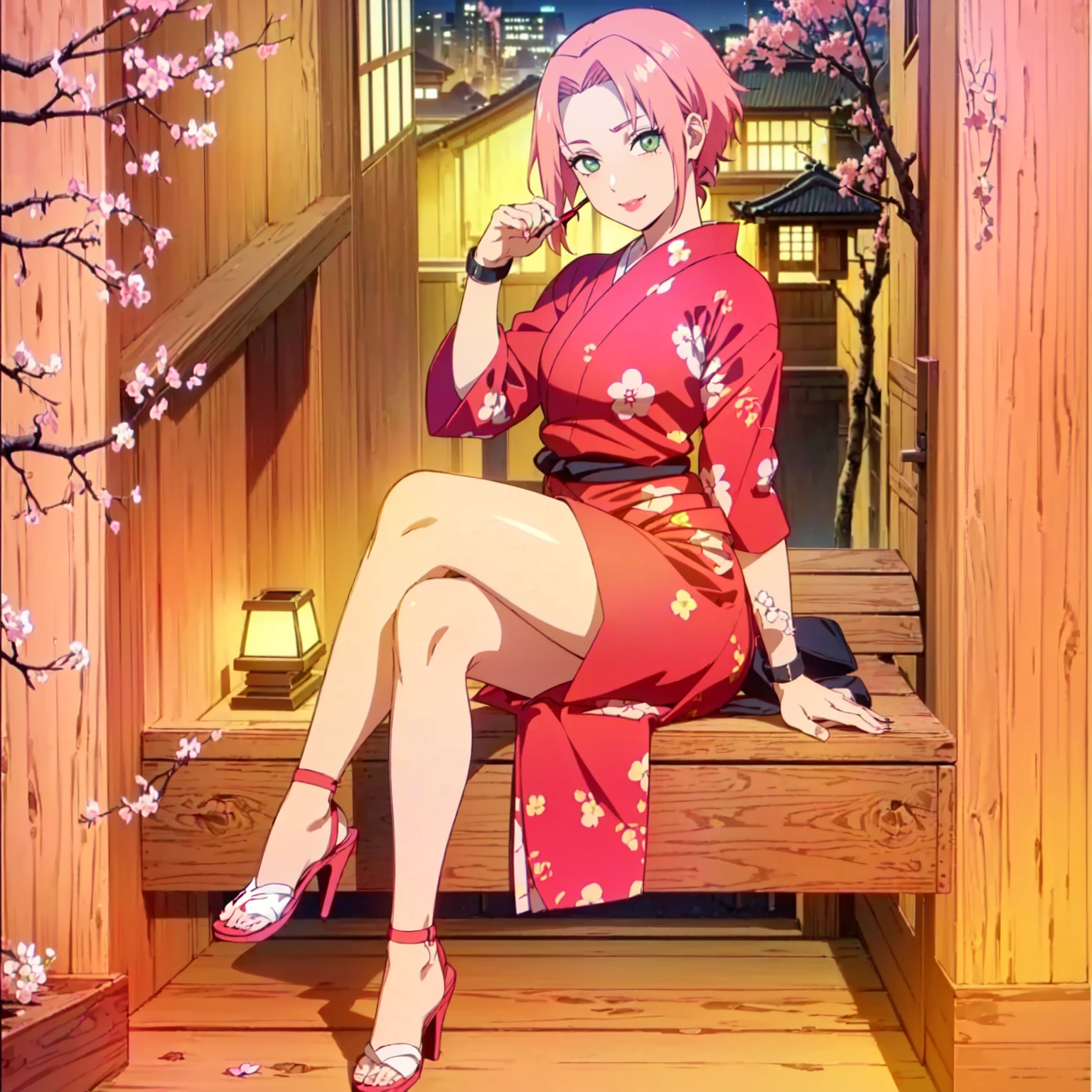 ((solo, 1woman, (haruno sakura, sakura_haruno, Haruno Sakura, pink hair, short hair, green eyes, small bust), lipstick, Extremely detailed, ambient soft lighting, 4k, perfect eyes, a perfect face, perfect lighting, a 1girl)), ((solo, (1woman, lipstick), Extremely detailed, ambient soft lighting, 4k, perfect eyes, a perfect face, perfect lighting, a 1girl)), , ((fitness,, shapely body, athletic body, toned body)), (( red kimono, printed Yukata, black belt, high heels, stiletto heels, cherry tree, flowers, night, city in the background, tori, Japanese temple, trees, wooden bench, smug smile ))