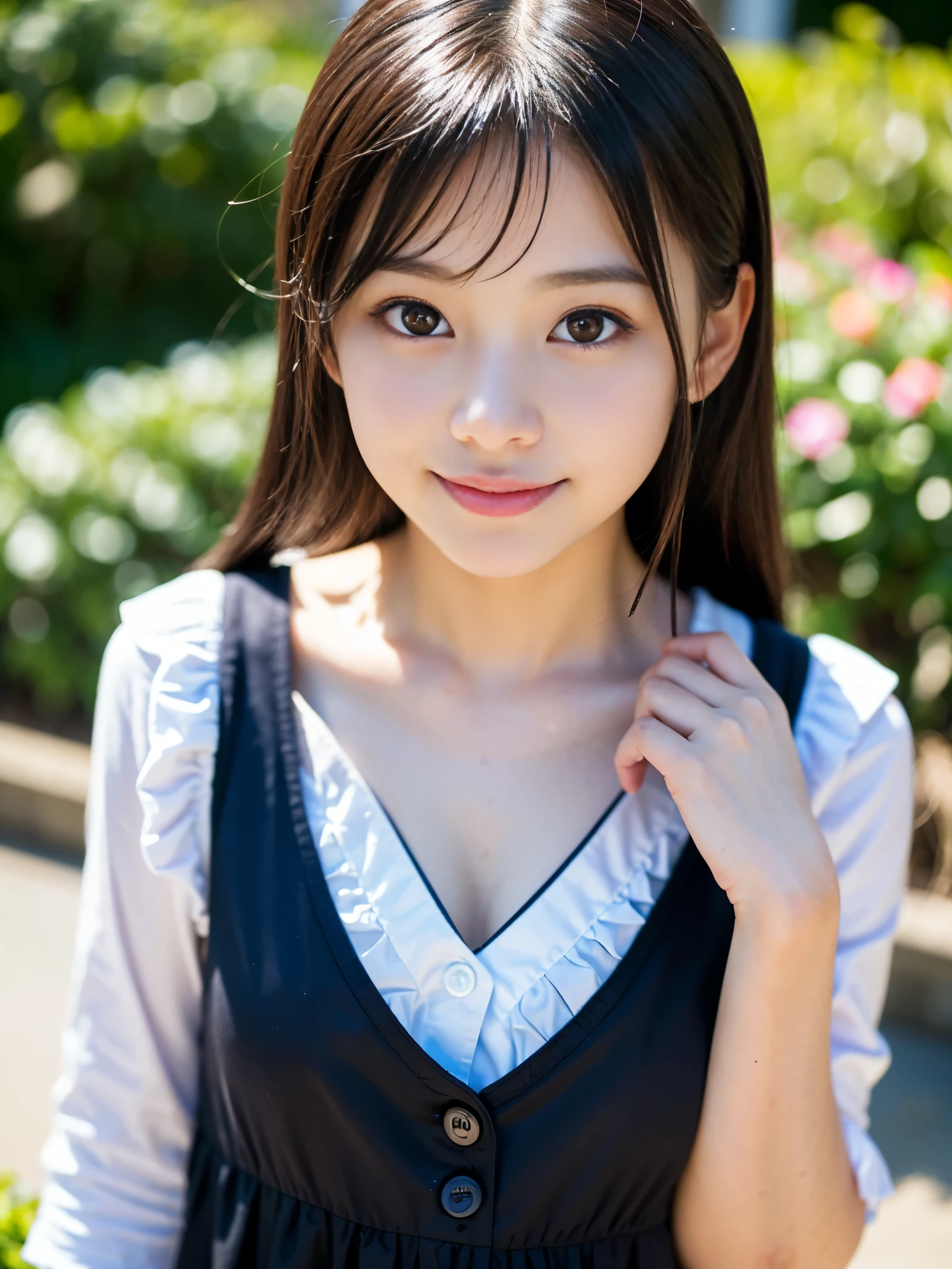 cute, 歳のアイドルのようにcute少女、Smiling Kindly、Cleavage、Late night forest campsite、Dim lighting、bonfire、whole body、RAW Photos、Genuine、Real、Realスティック、Raw photo、High resolution、Life、No copyright notice