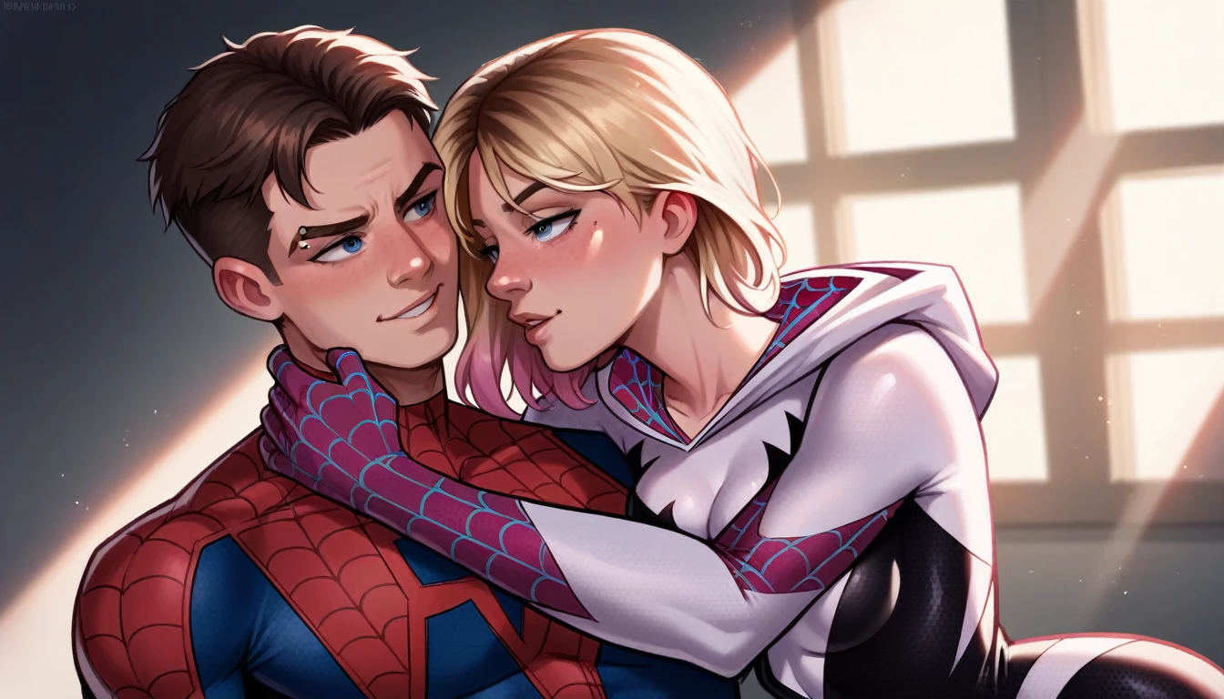 Gwen Stacy in a Spider-Gwen suit and Peter Parker in a Spider-Man suit, engaged in a passionate encounter from behind. Wide shot, 8K resolution, photorealistic style with detailed eyes and facial features. Dynamic lighting, cinematic composition, rich colors, and a dramatic atmosphere. Intricate costume details to highlight the character's identities. Create a masterpiece that captures the intensity and emotion of the scene.