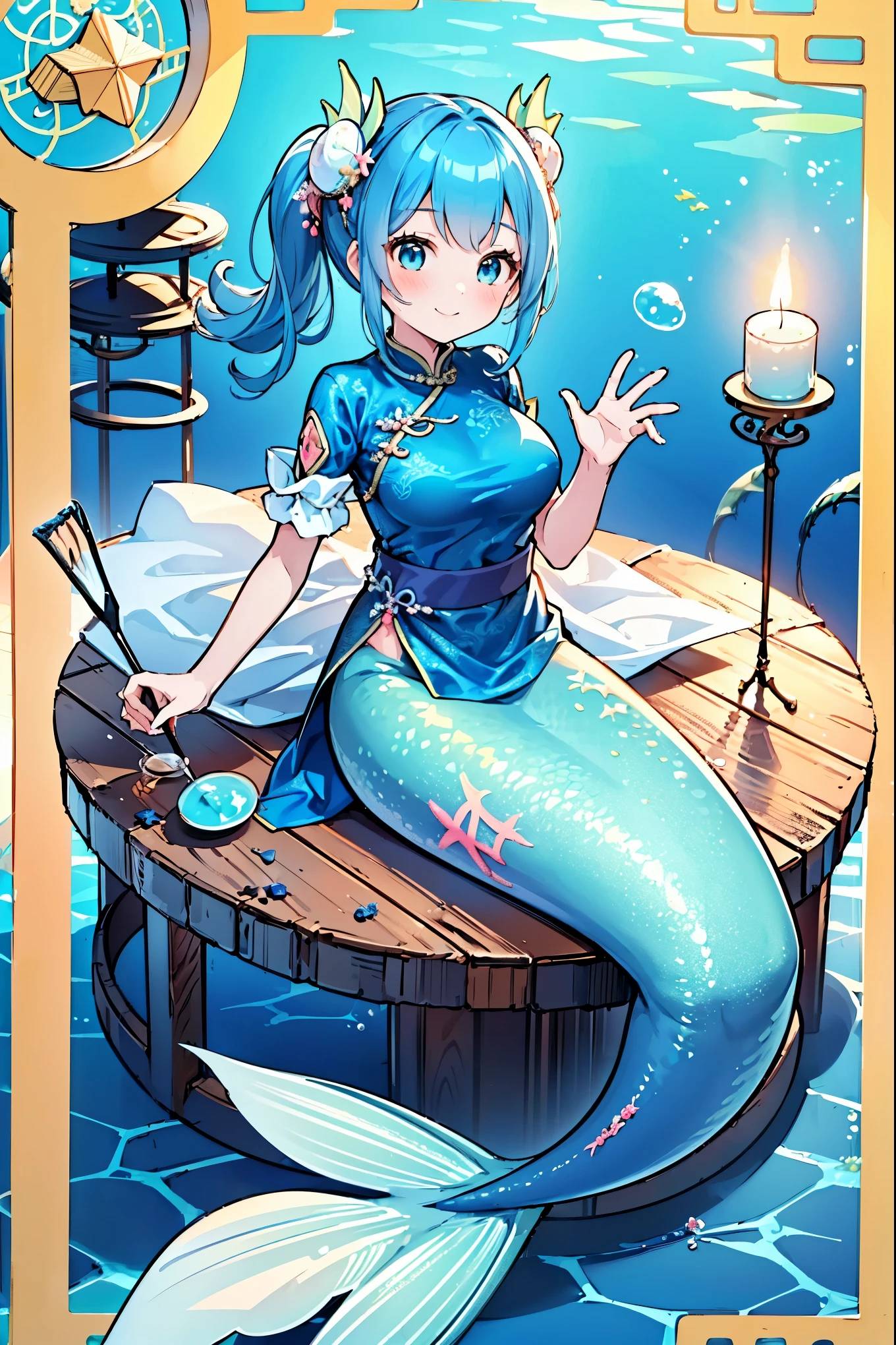 (masterpiece,Best quality),(Full fingers),A woman,Mermaid,Sky blue cheongsam,Chinese Clothing,Large Breasts,藍色的Mermaid尾巴,Full body photo,(Underwater:1.2),charming脸(Kawaii, charming,Soft),Smile,Sitting