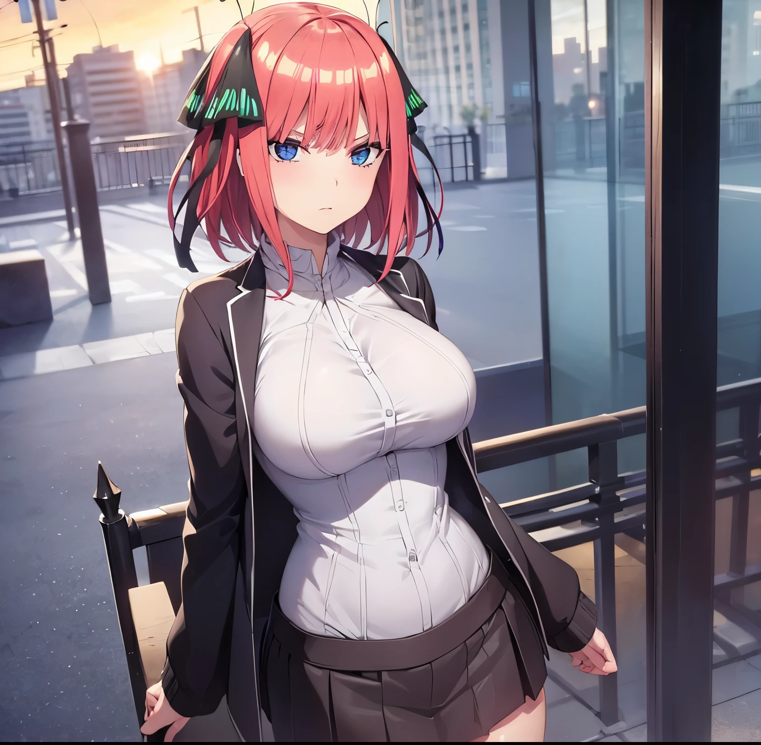 ((1girl)),((alone)), Nino nakano, \( go toubun no hanayome\),(masterpiece), (best quality), (ultra detailed), (best illustration), (best shadow), ( absurd), sharp focus, cowboy shot, atmospheric perspective, depth of field, dynamic posture, ((looking at viewer)), large breasts, narrow waist, wide hips, medium thighs, round butt, erotic, romantic, (highly detailed eyes, lips 1.1), highly detailed eyes, eyes, Highly detailed face, Very beautiful face, Symmetrical face, Aesthetic face, perfect face, perfect eyes, detailed eyelashes: 1.5), full height, beautiful figure thin, femininity, expressive appearance, elastic big breasts, sexuality, half-open lips, hair band, butterfly decorations, short hair, pink hair, blue eyes, skirt green, white shirt, white thighs, long sleeves, black cardigan, pointing at viewer, hand on hip, leaning forward, curves, defined body, perfect and beautiful body, perfect and beautiful, angry look, closed mouth, ((expression serious)),blushing,(sexy pose: 1.2), standing :1.3,((solo)),((, outside, cityscape, streets, city, buildings, clear sky,, sunset)), Looking forward ,((focus on breasts:1.4)), point of view:(from above), perfect anatomy, perfect hands