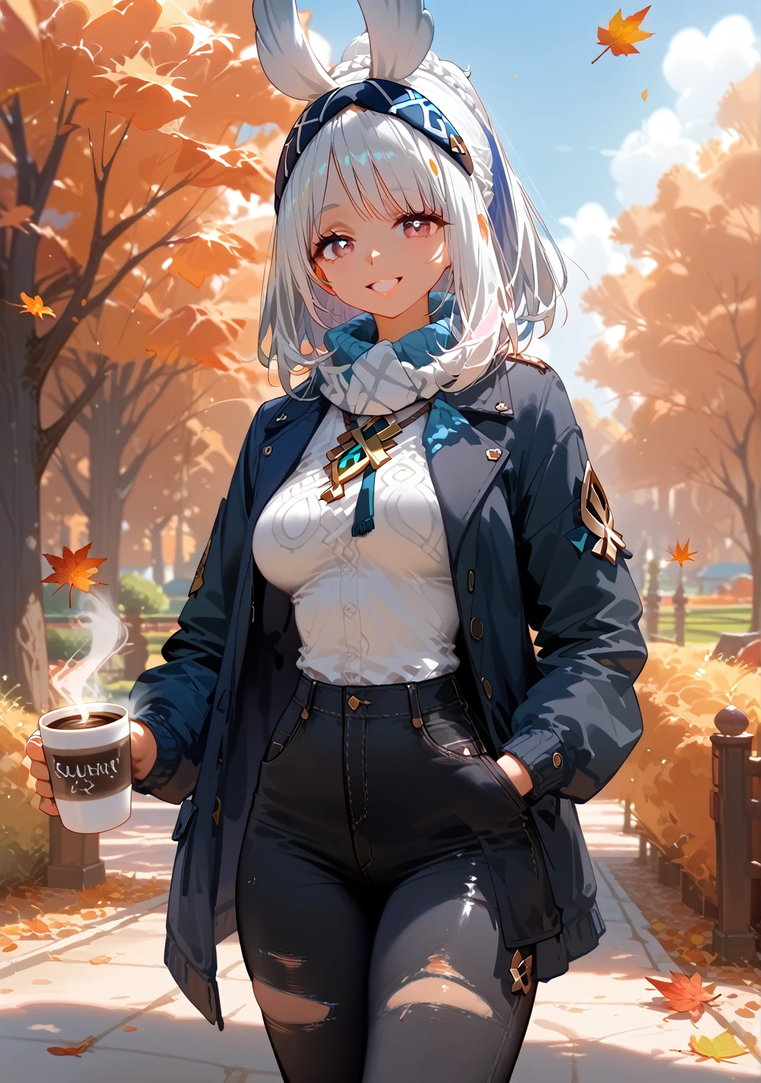 Highest quality, Highest quality, High quality illustrations, masterpiece, Ultra-high resolution, Detailed Background, Absurd, Perfect Anatomy, performance, Good lighting, Shadows in the movies, 1 girl, solo, mualani_\(genshin_impact\), alternate costume, medium breasts, standing in a park, fall season, beautiful autumn leaves, standing, scarf, open jacket, denim pants, black pants, torn pants, admiring the trees holding a coffee, happy, bewitching thighs, gleaming, shiny, shiny skin, shiny outfit, two beautiful legs