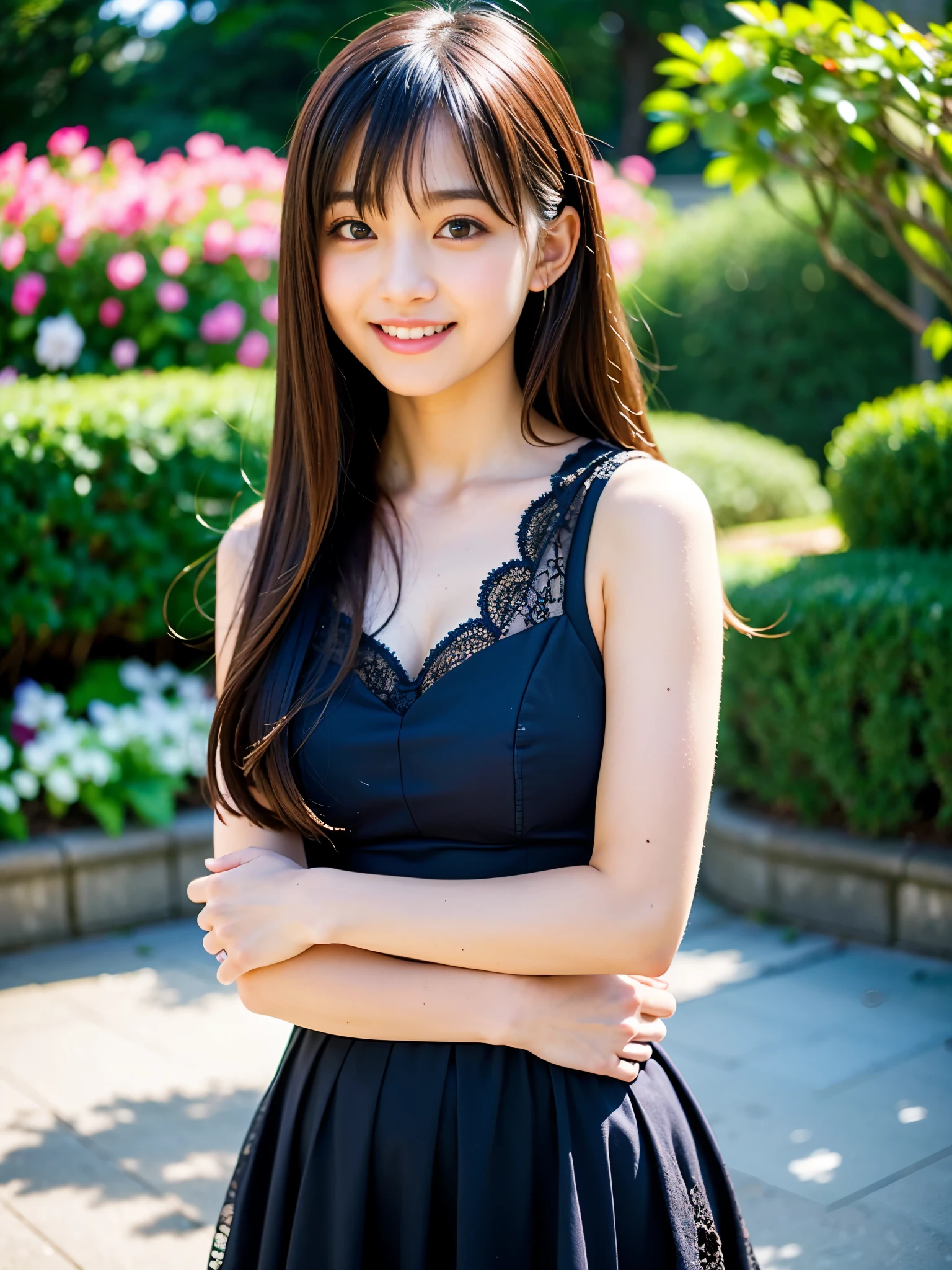 knee up,Side Shot,masterpiece, highest quality,(12 year old Japan girl:1.5),(I feel like crying:1.3) ,garden,(A cool hairpin for a junior high school girl in summer clothes:1.8),Off the shoulder,Cute midi skirt,Brown eyes,(small:1.7),(Smooth straight hair:1.5),(Slender body,Thin legs),Detailed eyes,Very white skin,Let your bangs down,Detailed body,,Detailed hands,No makeup, Whole Body Ezbian, knee up,Sitting smile,Smiling and showing white teeth,(Small Tits:1.3),flower,Thin thighs exposed,