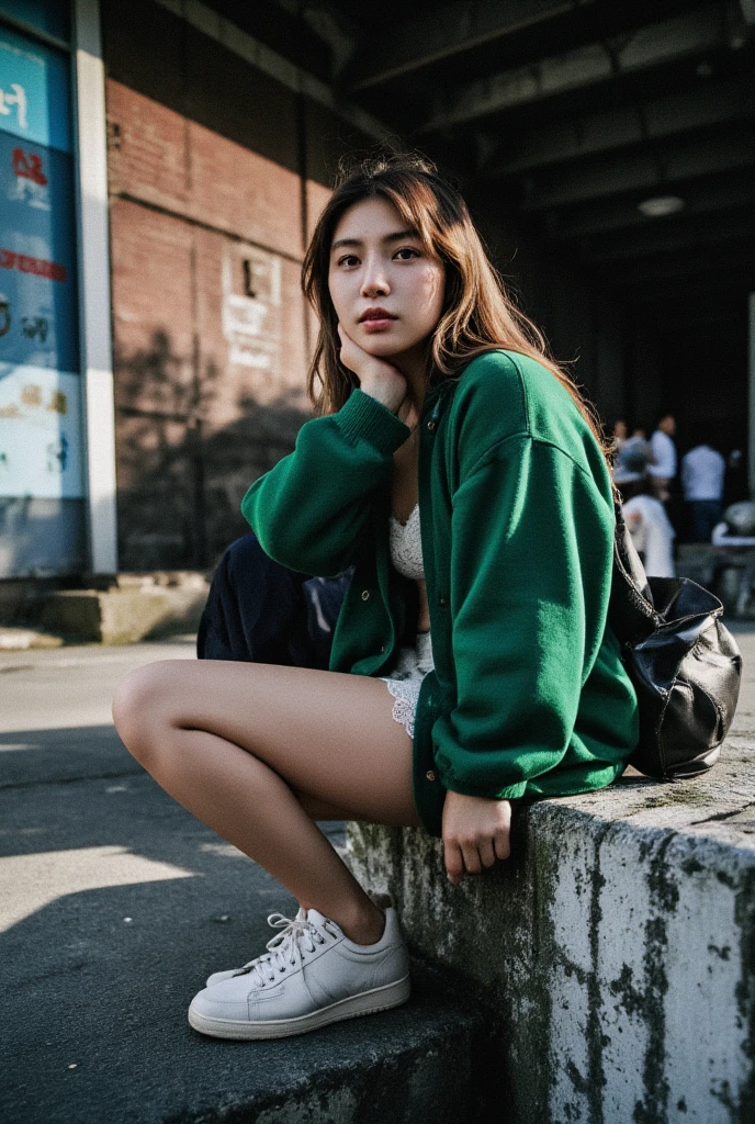 A cinematic film photo shoot in hongkong city street, shot on mamiya R67 with 35mm lens and f-1.4, intricate high angle shot, there was a young pretty japanese idol girl with moody expression and beautiful ayes, sitting astride on the concrete fence with graffiti art wall, right hand on the neck and left hand cares for hair, dramatic pose, in minimal lace dress in oversize old green uniqlo sweater jacket with sneakers, open your legs, messy long hairstyle, natural moody, poetic style, reality of life, late afternoon, windy, dramatic neon light and low key, very ultra highly detailed, sharp focus, extremely high quality photo, film bokeh, japanese analog film photo looks, photoreal