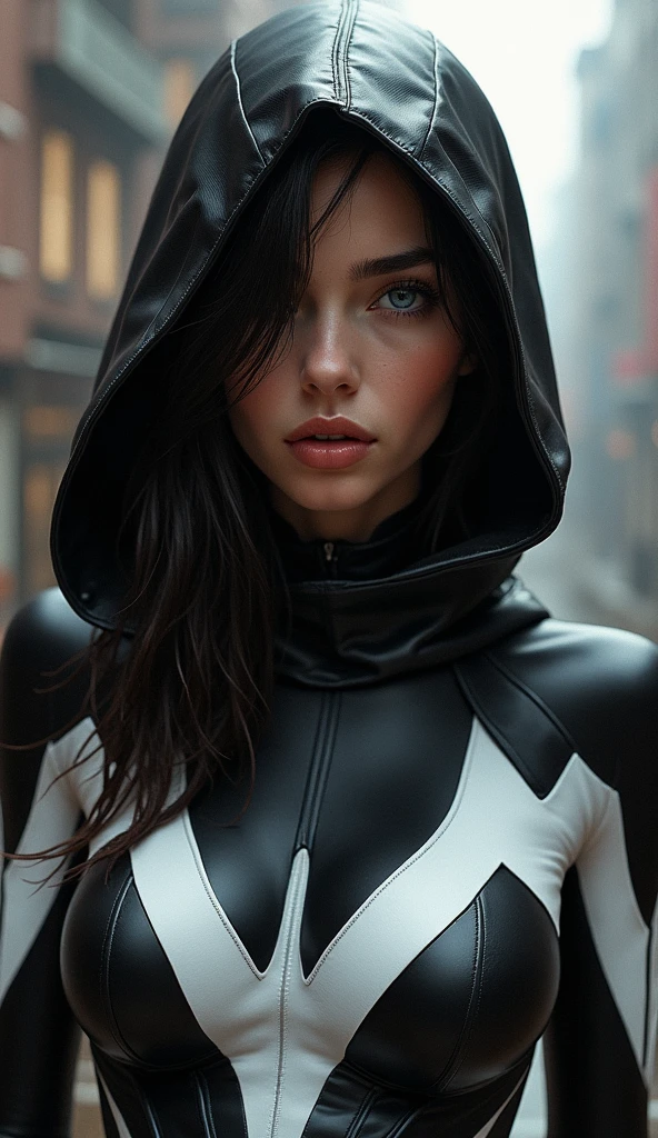 anime style:1.5,Concept art of a woman in a black and white suit and hood:1.5, walking, Inspired by Marek Okon and trending on Artstation. This neo-figurative piece is inspired by Spider-Gwen and the style of graphic artist Artgerm, Showing extremely detailed and captivating images in the style of Krenz Cushart and Artgerm. (best quality,4k,8K,High resolution,masterpiece:1.2),ultra detailed,sharp focus,(realistic,photorealistic,photo-realistic:1.37),very detailed face,extremely detailed facial features,hyper realistic skin texture,extremely fine details,intricate details, detailed eyes,Detailed nose,Detailed lips,Detailed facial expressions,intricate facial anatomy,bright lighting, Dramatic lighting,changing lighting,cinematic lighting,chiaroscuro lighting,dramatic shadows,dramatic moments, vivid colors,Intense colors,Deep contrast,cinematic depth of field,film composition,cinematic camera angle