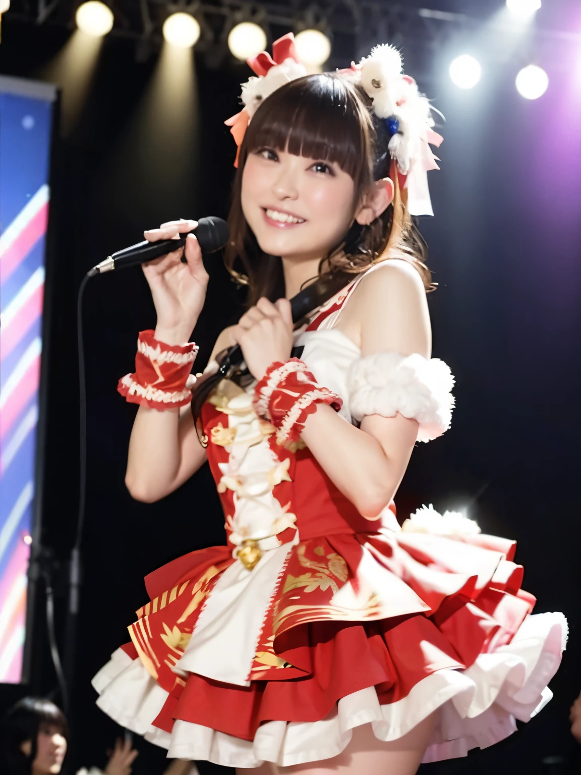 1 female, Alone, Hime cut, bangs, Japanese idol costumes, idol dress, concert、smile, Concert Lighting