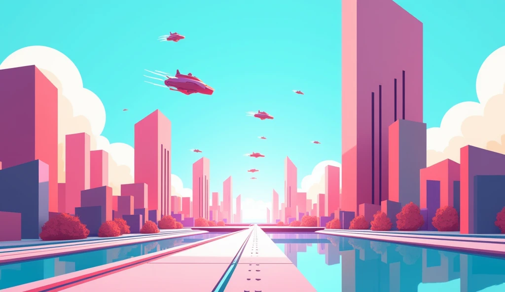 A colorful vector-style illustration of a futuristic cityscape with geometric buildings, flying cars, and a bright, blue sky. The scene is minimalist, with clean lines, smooth gradients, and vibrant, contrasting colors. The buildings have sharp, angular shapes and the overall design feels modern and sleek