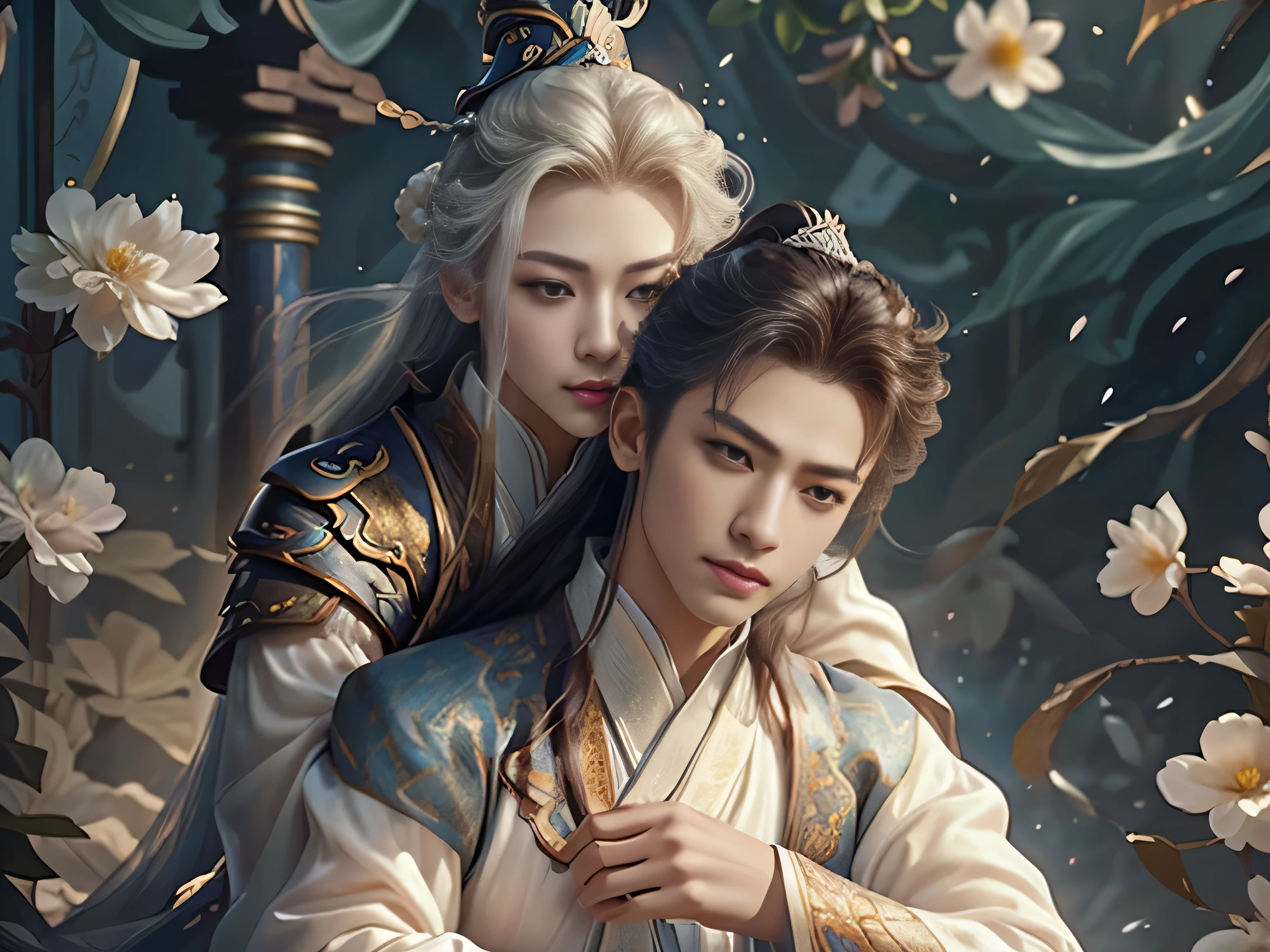 (Best Quality, Super Detail, Masterpiece, Representative Work, Official Art, Professional, Super Fine Detail, 8k:1.3), (photorealism:1.2), (Couple, Beautiful Girl and Boy), A couple in the sea of flowers, Handsome guy hugs beautiful girl from behind, Smiling and Wearing White Clothes, Delicate Hair, Chinese Beauty and Handsome Man, Wearing Ancient Chinese Clothes, Flowing Tulle, Light Silk, Create a movie poster similar to those used in Chinese romantic fantasy dramas, Correct proportions, Perfect face, perfect hands, Sweet atmosphere, Photorealistic, Sharp Focus, Dreamy Atmosphere, Delicate Details, Soft Volumetric Light, (Backlight:1.3), (Cinematic:1.2), Intricate Details, (ArtStation:1.3)