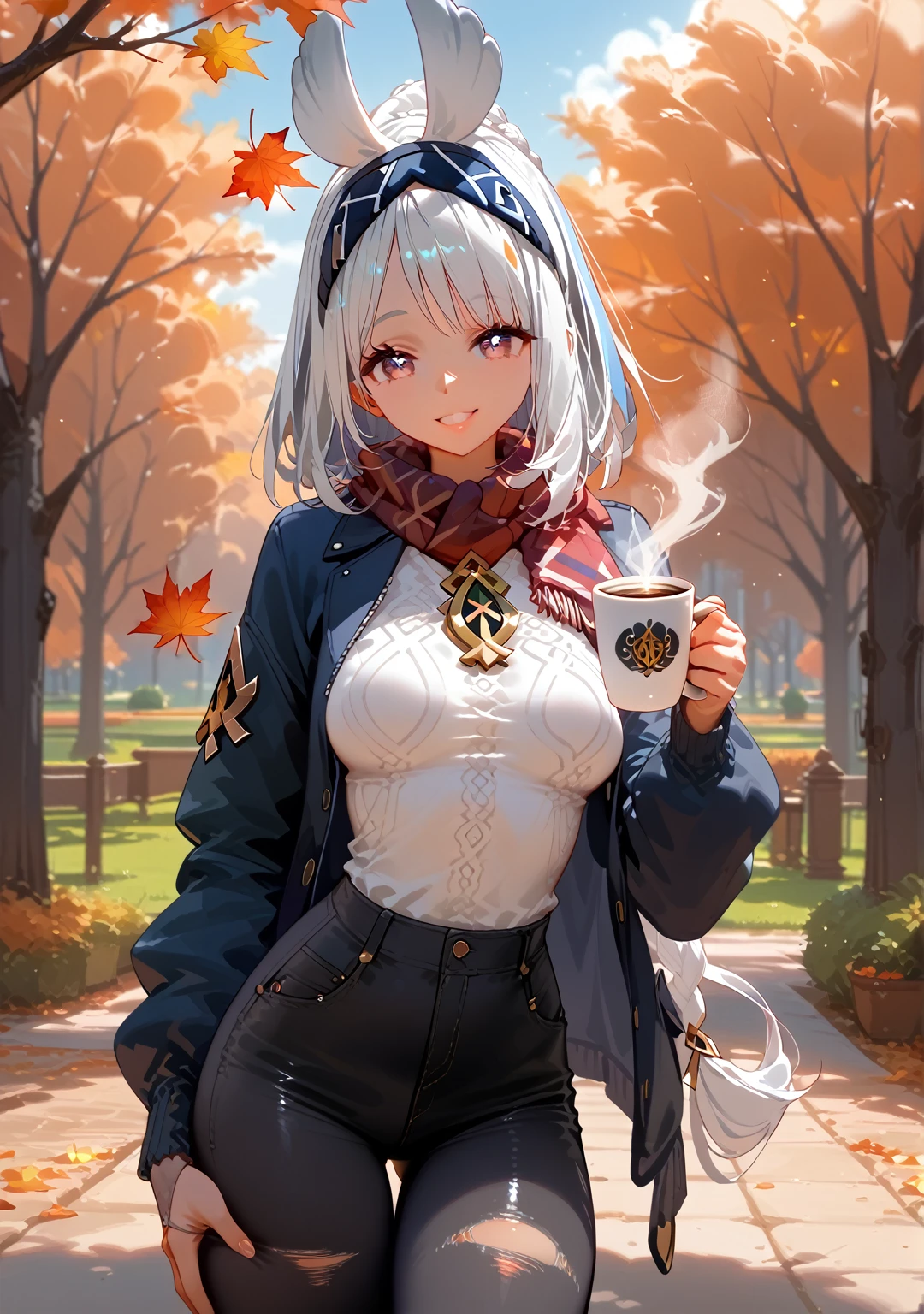 Highest quality, Highest quality, High quality illustrations, masterpiece, Ultra-high resolution, Detailed Background, Absurd, Perfect Anatomy, performance, Good lighting, Shadows in the movies, 1 girl, solo, mualani_\(genshin_impact\), alternate costume, medium breasts, standing in a park, fall season, beautiful autumn leaves, standing, scarf, open jacket, denim pants, black pants, torn pants, admiring the trees holding a coffee, happy, bewitching thighs, gleaming, shiny, shiny skin, shiny outfit, two beautiful legs