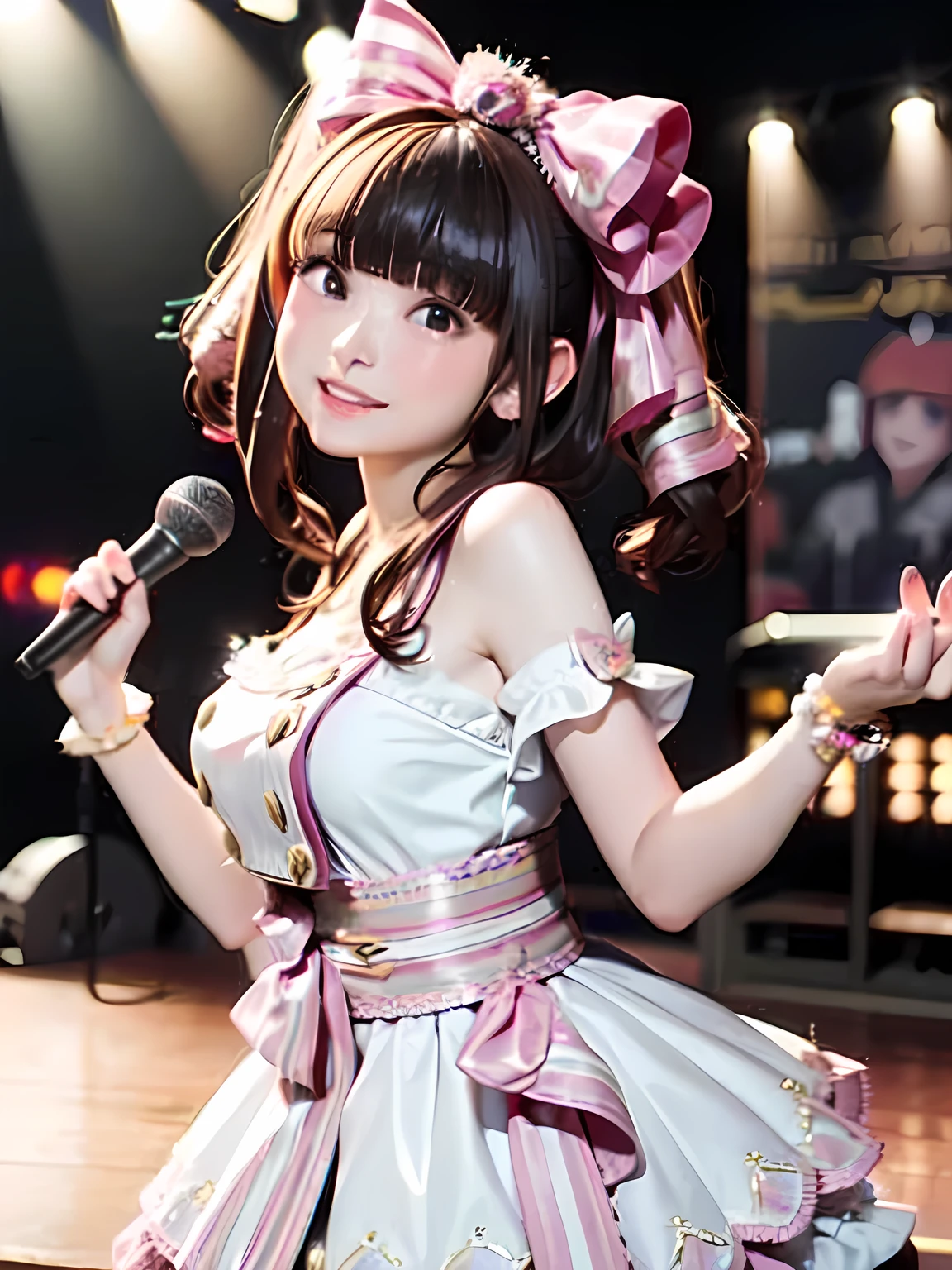 1 female, Alone, Hime cut, bangs, Long Hair, Japanese idol costumes, idol dress, concert、smile, Concert Lighting