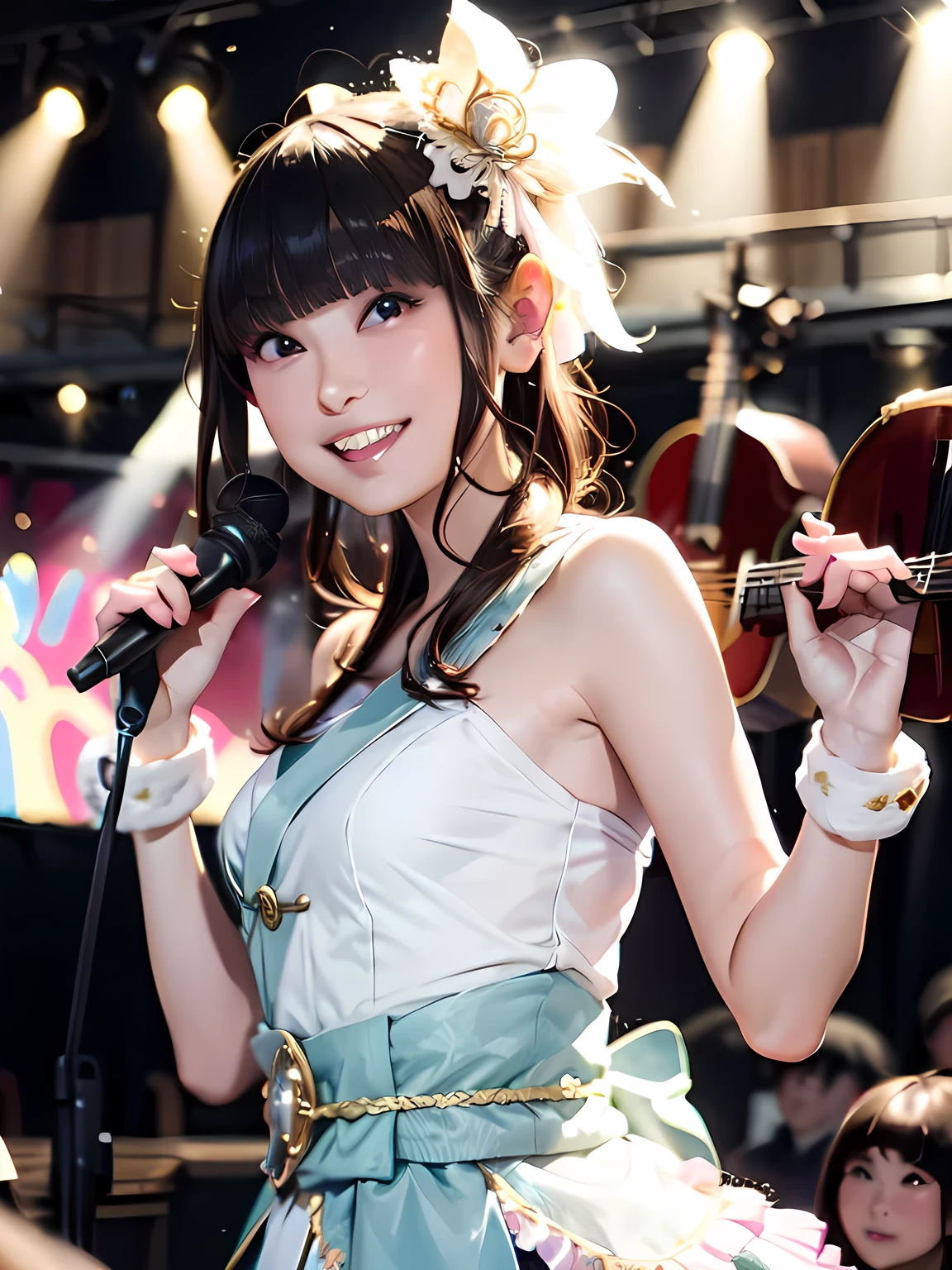 1 female, Alone, Hime cut, bangs, Long Hair, Japanese idol costumes, idol dress, concert、smile, Concert Lighting