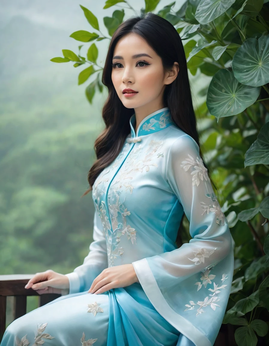 A stunning young woman with long, dark hair and delicate features wearing an intricately embroidered, soft silk traditional Vietnamese ao dai in shades of sky blue and white, posing elegantly amidst lush, vibrant greenery and subtle mist.