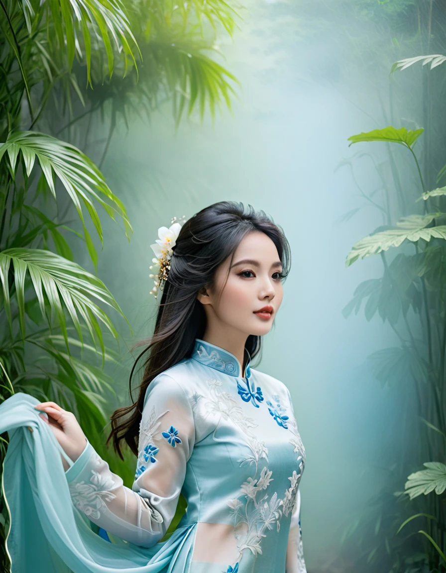 A stunning young woman with long, dark hair and delicate features wearing an intricately embroidered, soft silk traditional Vietnamese ao dai in shades of sky blue and white, posing elegantly amidst lush, vibrant greenery and subtle mist.