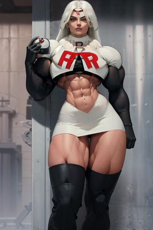 Nishikino maki, twintails,white slingshot swimsuit, black leather boots, black gloves, necktie, cleavage,thicc ,muscular , sweating, sweaty,soaked in sweat,solo, muscular,(thicc thighs:1.2),solo, standing,red lips