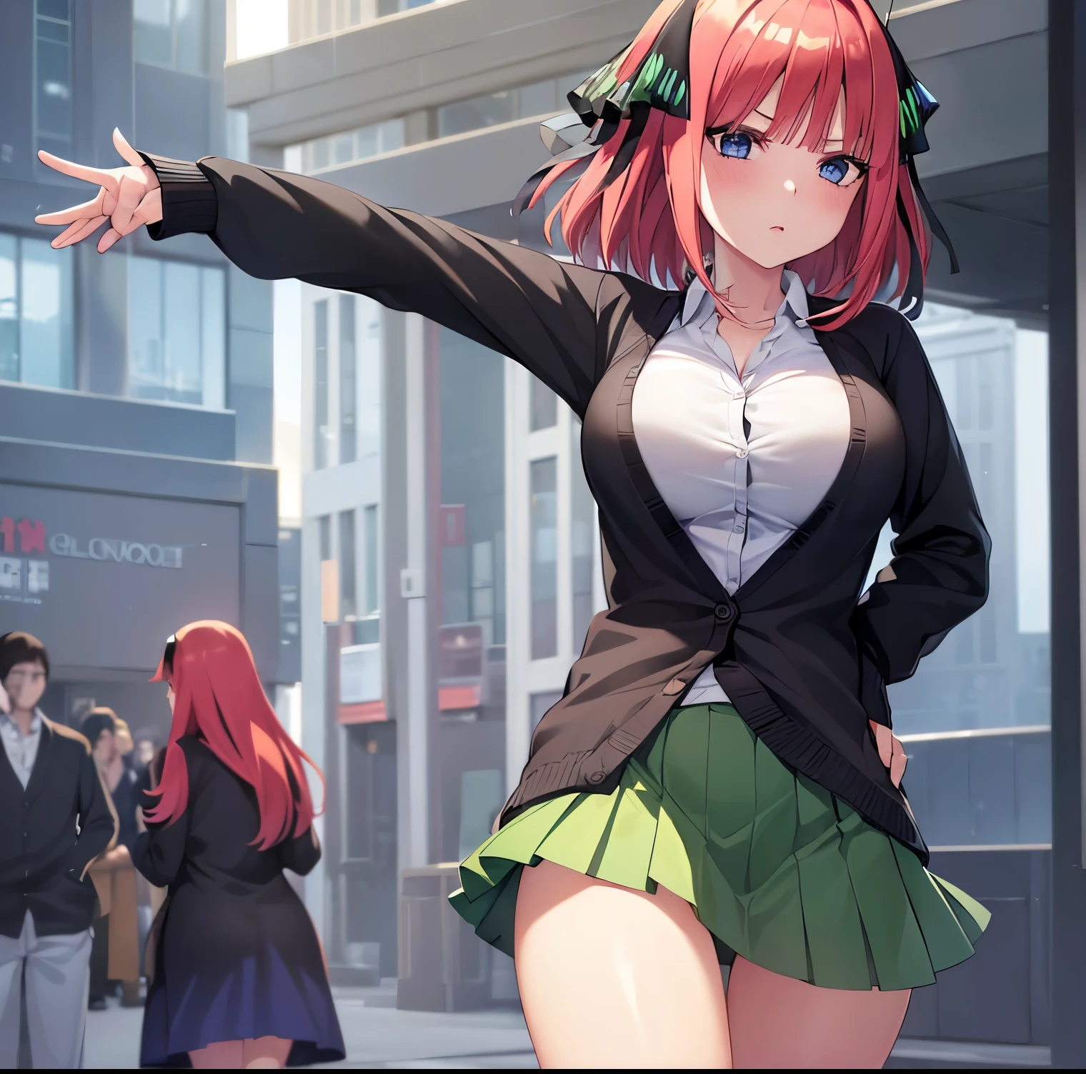 ((1girl)),((alone)), Nino nakano, \( go toubun no hanayome\),(masterpiece), (best quality), (ultra detailed), (best illustration), (best shadow), ( absurd), sharp focus, cowboy shot, atmospheric perspective, depth of field, dynamic posture, ((looking at viewer)), large breasts, narrow waist, wide hips, medium thighs, round butt, erotic, romantic, (highly detailed eyes, lips 1.1), highly detailed eyes, eyes, Highly detailed face, Very beautiful face, Symmetrical face, Aesthetic face, perfect face, perfect eyes, detailed eyelashes: 1.5), full height, beautiful figure thin, femininity, expressive appearance, elastic big breasts, sexuality, half-open lips, hair band, butterfly decorations: 1.3, short hair, hair pink:1.3, blue eyes,(( green skirt:1.3)), ((skirt short)), pleated skirt,(( white shirt:1.2)), ((white thighs:1.3)), long sleeves,(( black cardigan:1.4)), hand on hip, leaning forward, curves, defined body, perfect and beautiful body, perfect and beautiful, angry look, mouth closed,((serious expression)),blushing,(sexy pose: 1.2), standing :1.3,((solo)),((, outside, cityscape, streets, city, buildings, clear sky,, sunset)), Looking back, from behind, ((focus on ass:1.4)), point of view: (from below), perfect anatomy, perfect hands