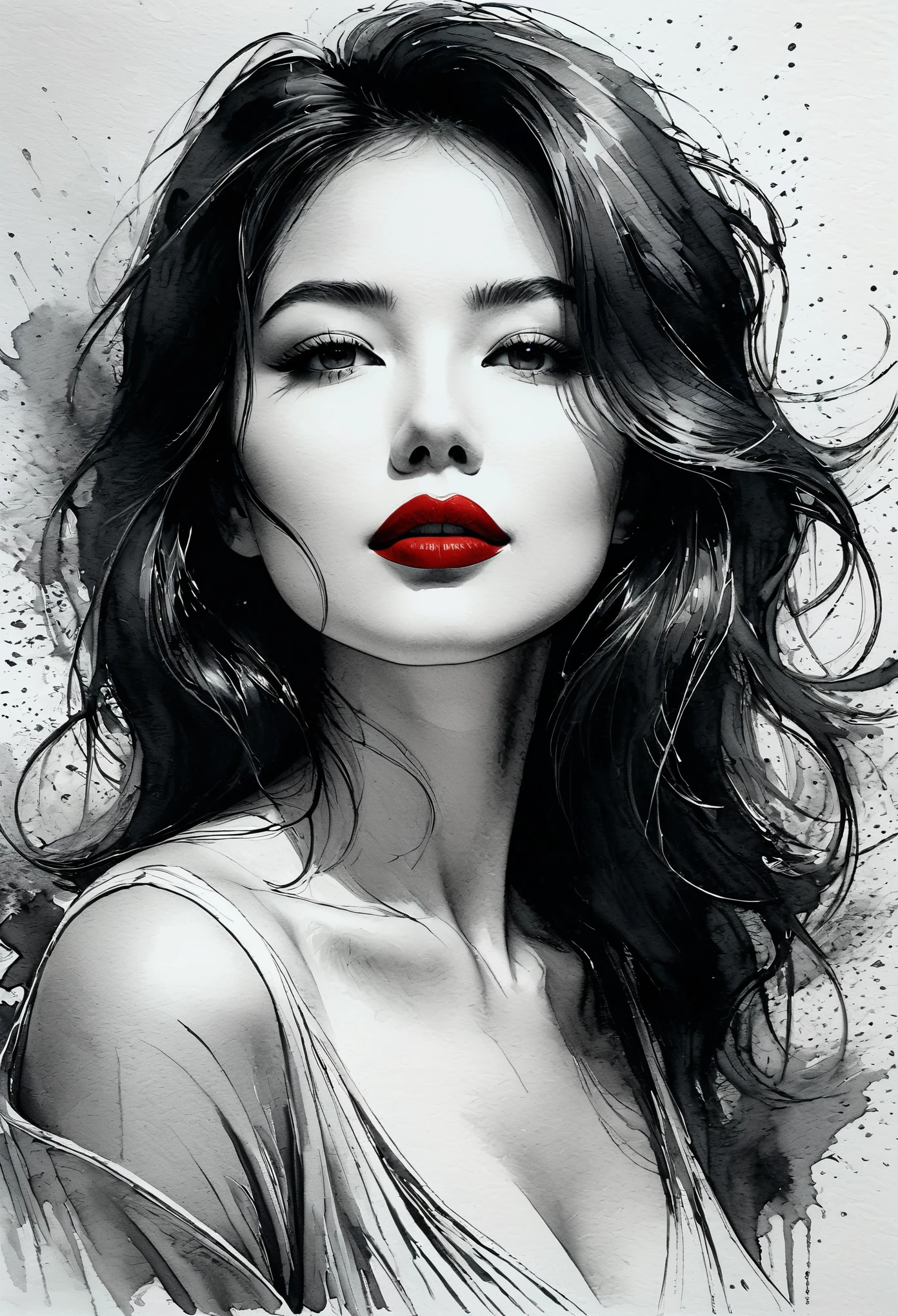 sexy woman, black and white ink painting, pen sketch, soft brush strokes, delicate line drawing with pen, fluid action, subtle ink tones, elegant pose, peaceful expression, delicate facial features, ink, dust, wet. black and white, just red lips, to clean
