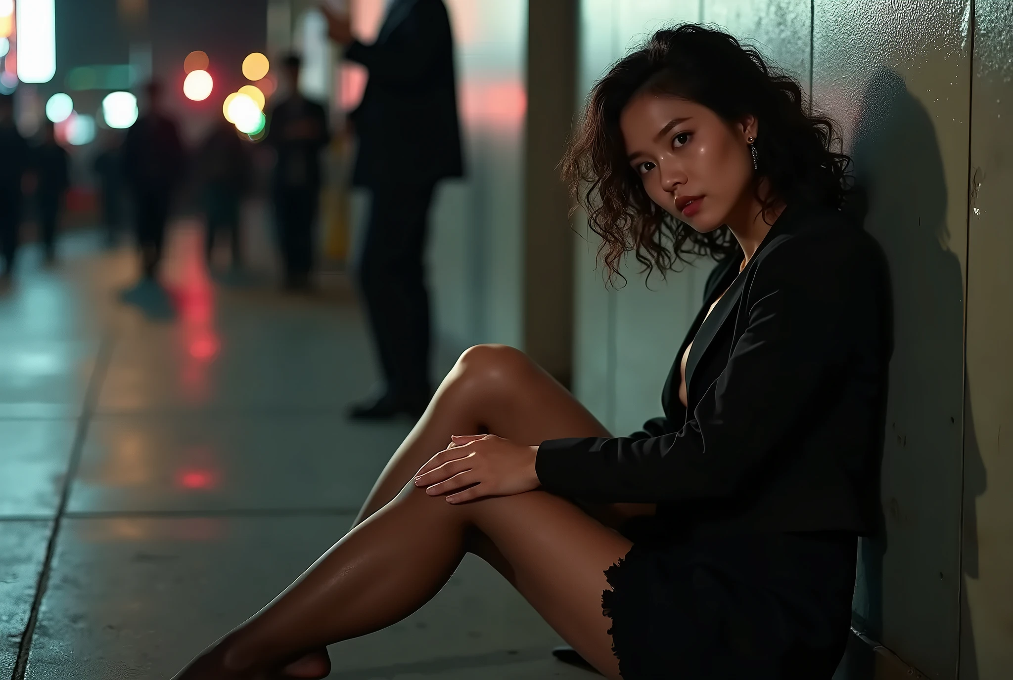 realistic photo of a (pretty girl, 20 years old, brunette, black eyes) seat down at carpet with her feet over short table, (full lips) , ((perfect face)), [[mild smile]], proportionate body,mixed herritage, beautyfull, beautyfull face, tanned skin, two arms, two legs, five fingers by hand, full body, (curly black long hair), brunette girl), Casual outfit, Apartament into glass building, Cyberpunk night city behind glass panels, (Sole of the feet), visible feet over , bare feet, 
