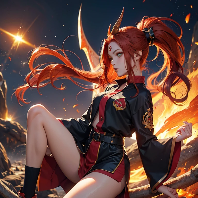 Volpina wears an orange mask with black edges, and her hairbands are black. On top of her head, two fake orange ears with white and black insides are attached. The top of her hair is black and then quickly ombrés down to light brown with the tips of her hair being white. She also has orange lipstick, and her eyes remain hazel. The necklace with a foxtail hanging off of it is worn around her neck. She wears an orange jumpsuit with a white section going down the front. Wrapped around her waist is an orange sash that looks like a foxtail. The edges of her collar and the tops of her upper arms have black lines, and her forearms and lower legs are solid black, with the soles of her feet being white with an orange fox foot printed on each. Her weapon is a replica of the flute. SPARKLE; GLITTER