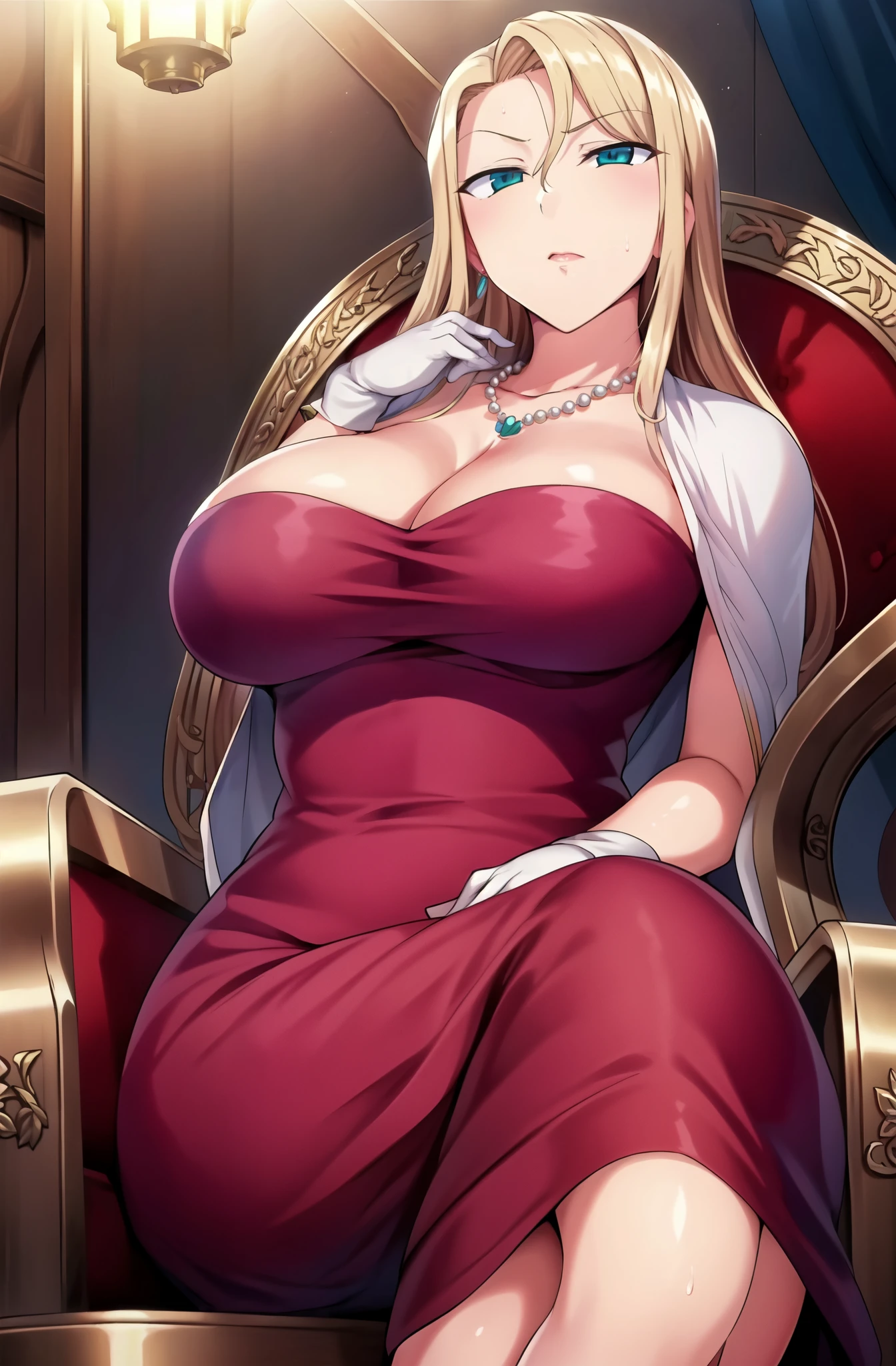 (solo), 1girl, mature female, SITTING On a Throne with a gold frame, cleavage, pink_dress, gloves,white capelet, jewelry,pearl_necklace,gem, blonde_hair,long_hair, forehead,parted_bangs, parted_hair, aqua_eyes,mature female,Beautiful Finger,Beautiful long legs,Beautiful body,Beautiful Nose,Beautiful character design, perfect eyes, perfect face, looking at viewer, in the center of the image, NSFW,official art,extremely detailed CG unity 8k wallpaper, perfect lighting,Colorful, Bright_Front_face_Lighting,
