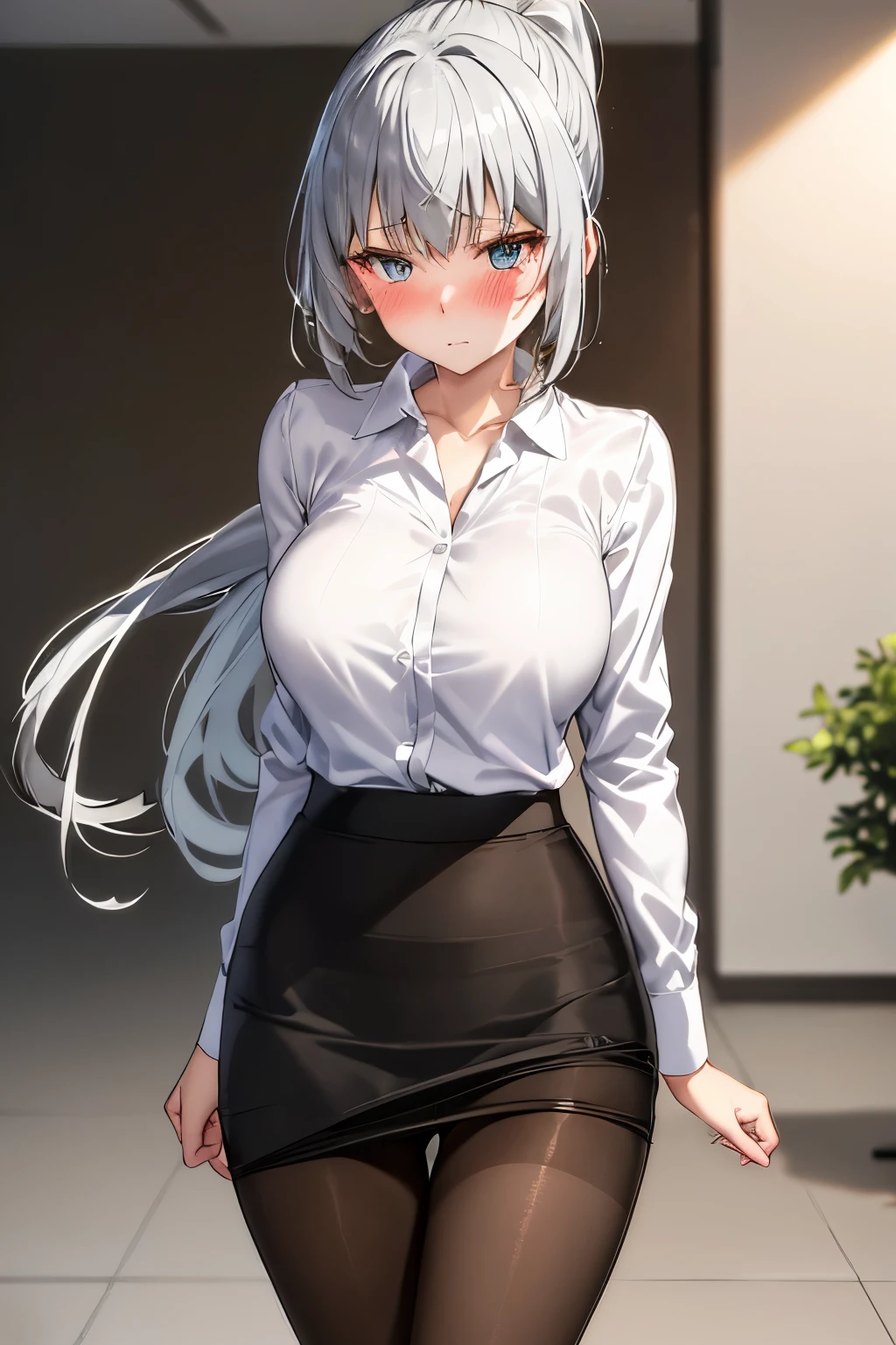 (Best Quality:1.2),  Alone、Luminous Valentine,Silver Hair、Odd Eye、ponytail、(blush:1.1), Embarrassing, View your viewers、((Office Lady Clothes))、((pantyhose))、(Pencil Skirt)