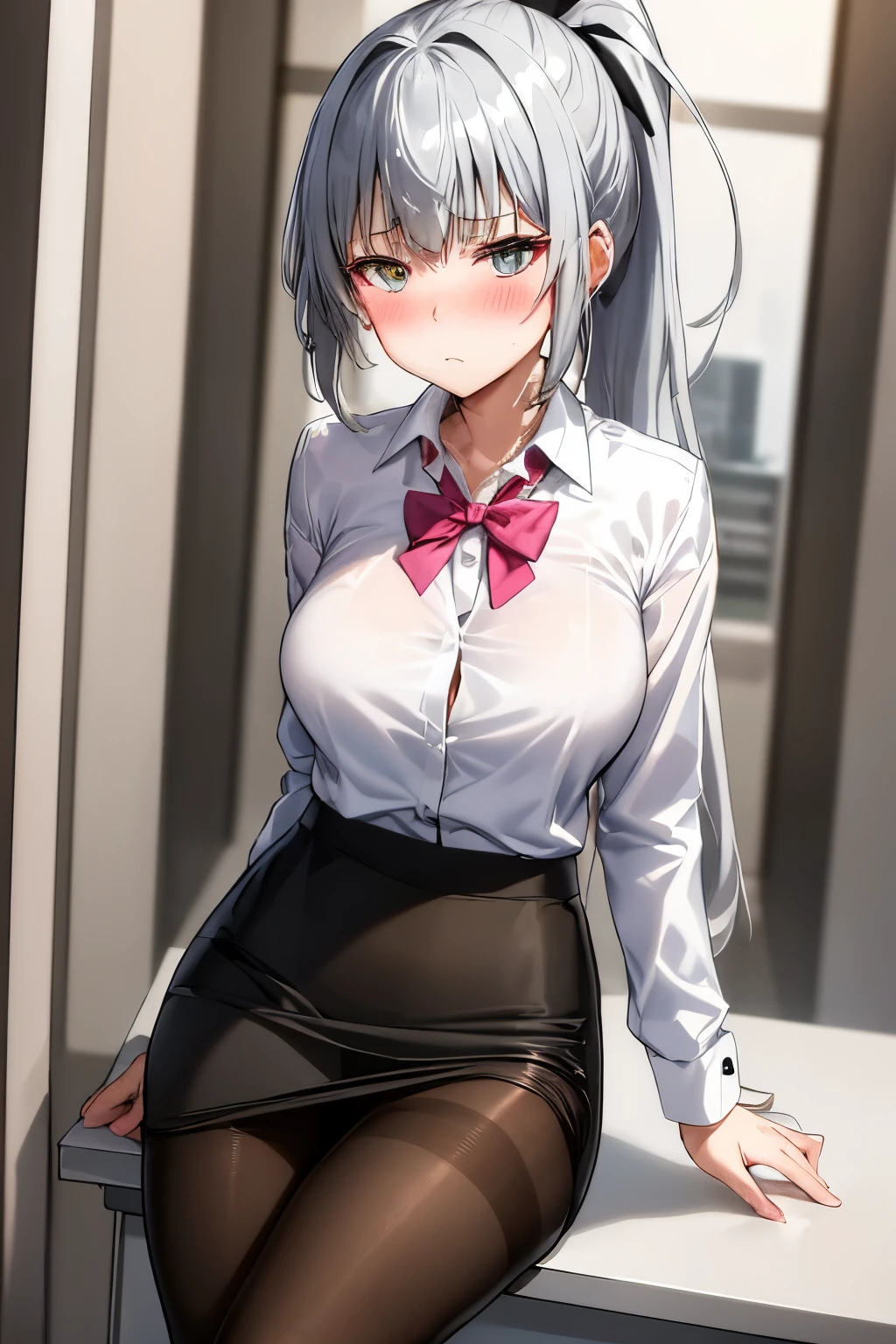 (Best Quality:1.2),  Alone、Luminous Valentine,Silver Hair、Odd Eye、ponytail、(blush:1.1), Embarrassing, View your viewers、((Office Lady Clothes))、((pantyhose))、(Pencil Skirt)