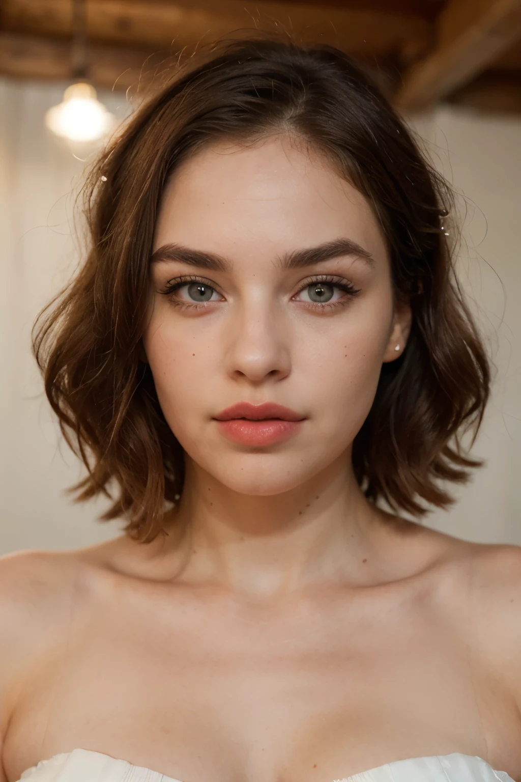Obra de arte aesthetic, una mujer, pelo pelirrojo, ojos azules, pelo rizado, pecas en ambas mejillas, labios carnosos, mirada comprensiva, piel blanca, (((desnuda))), contextura plantita,
