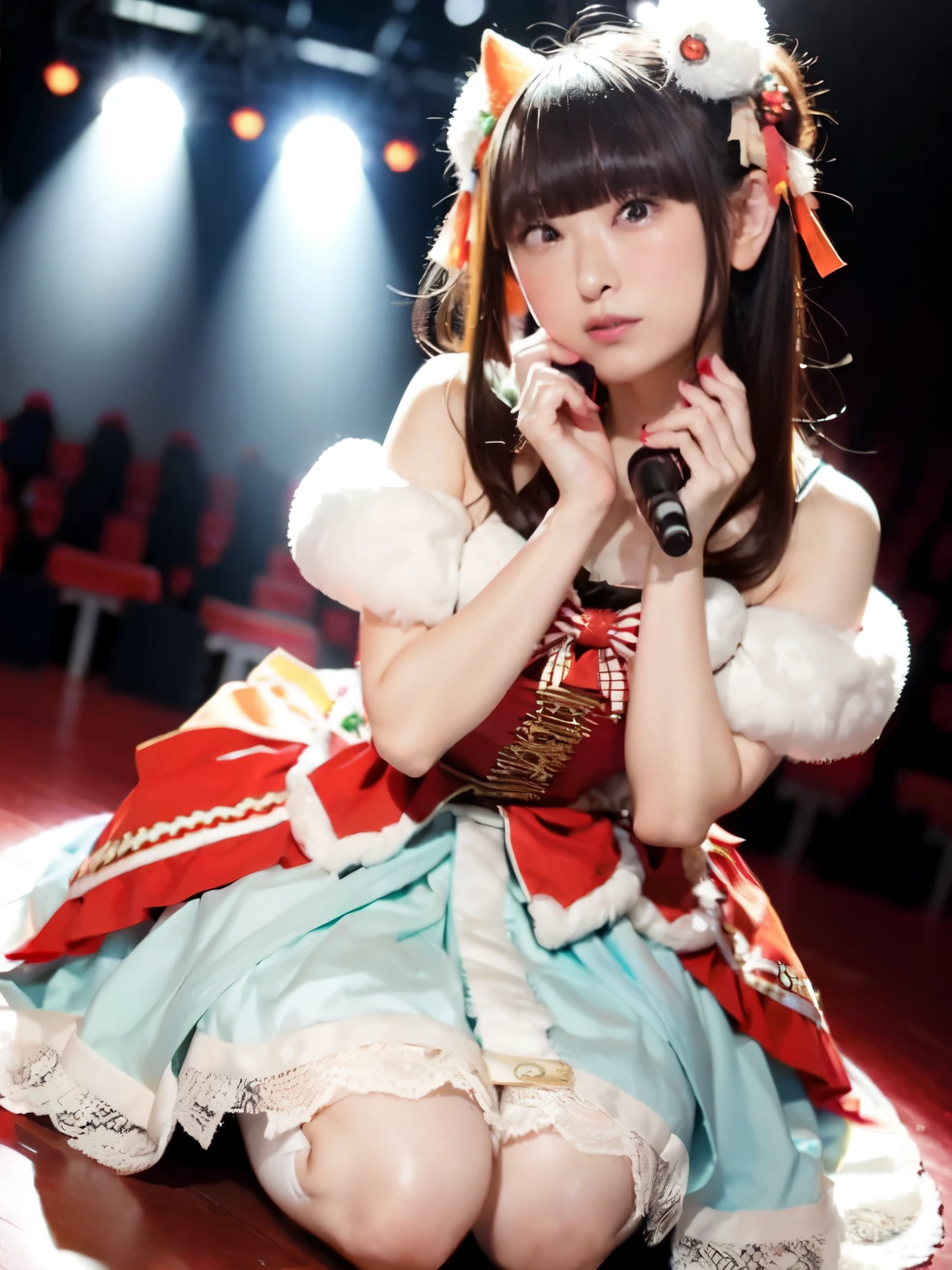 1 female, Alone, Hime cut, bangs, Long Hair, Japanese idol costumes, idol dress, concert、Concert Lighting, full body