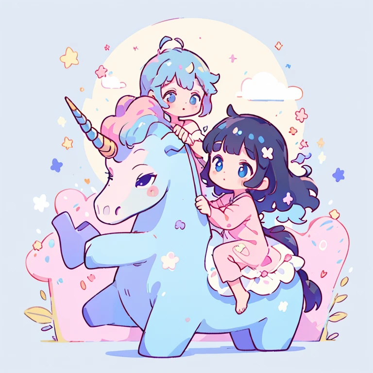 ((unicorn)), ((medium head)), (( proportionate)), small, pastel colors, kawaii, cute colors, masterpiece, 💖💫, riding a unicorn in the night sky, 1girl, nightgown, pajama style, pastel blue sky, short hair, black hair, blue inner hair, pixie, wavy hair,