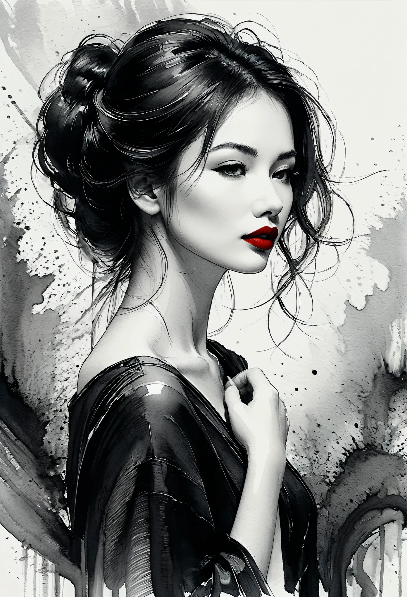 sexy woman, black and white ink painting, pen sketch, soft brush strokes, delicate line drawing with pen, fluid action, subtle ink tones, elegant pose, peaceful expression, delicate facial features, ink, dust, wet. black and white, just red lips, to clean