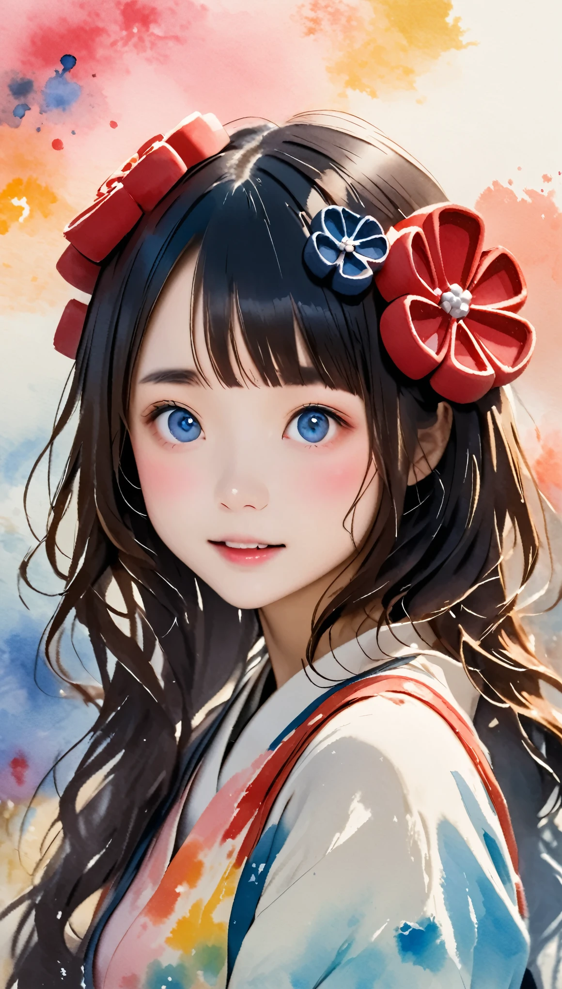 Splatter background and spray paint effect, Katsushika Hokusai, Tunic, Body above the knees, Multicolored Hair,Teary-eyed, dusk, watercolor, watercolor, watercolor風, watercolorの詳細なアート, watercolor digital painting, watercolor paints, 非常に精巧なwatercolor, watercolor,Japanese women,1, Long Hair,Black-haired、On a grey base、Blue petals fluttering:0.2