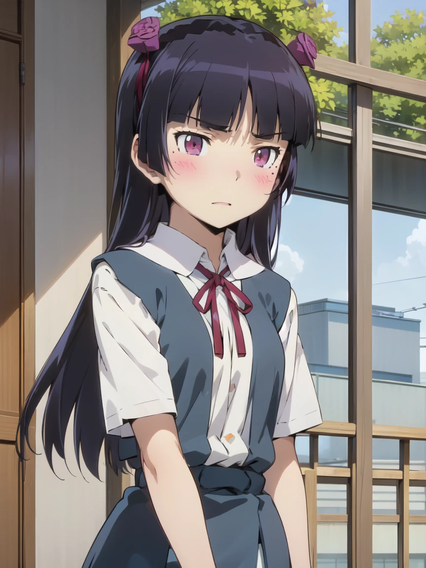 ruri gokou, 1 Female, solo, ((tokyo-3 middle school uniform)), blue vest, Hime cut, Black Hair, Long Hair, mole, blush, Red ribbon, garden