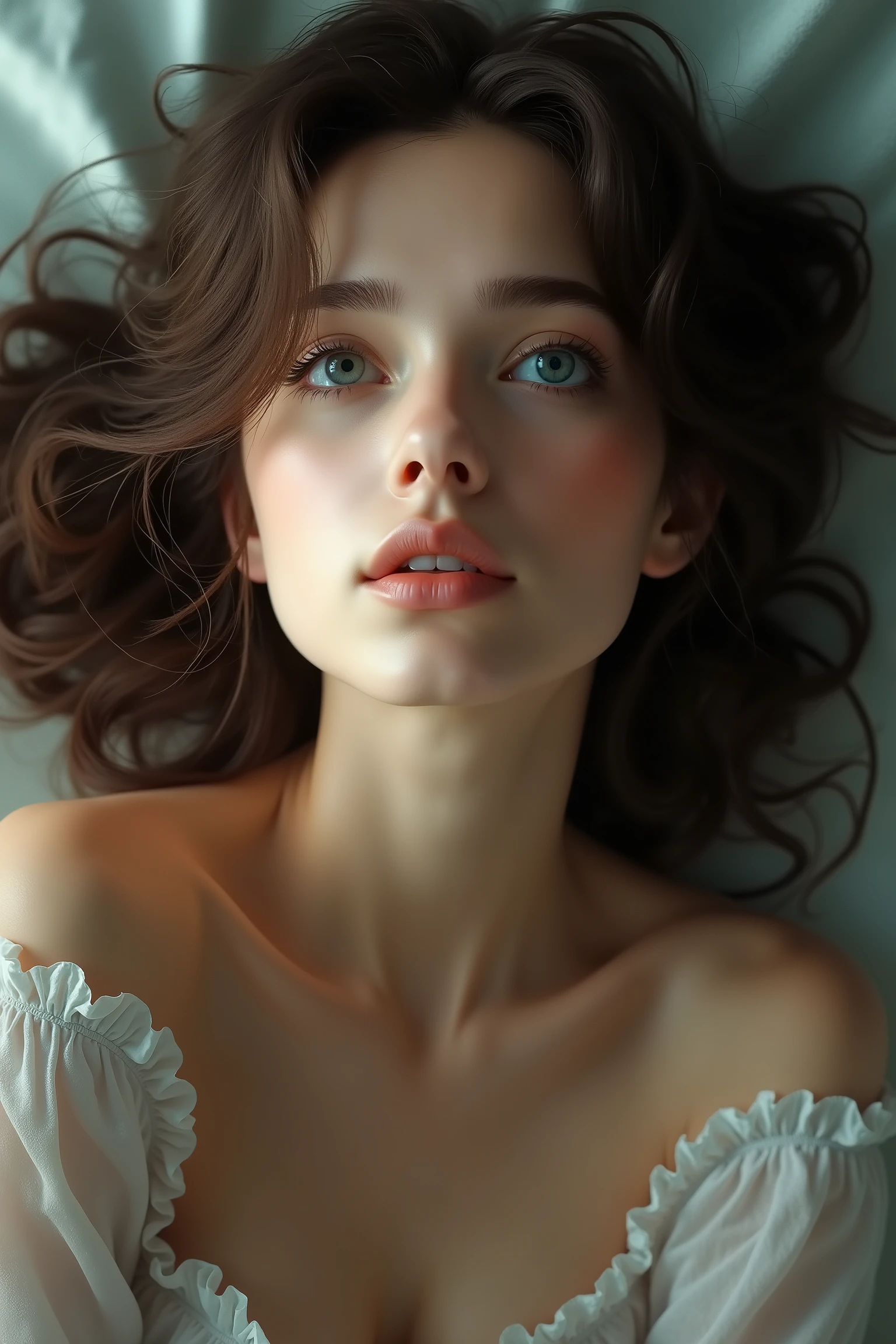 Best, tmasterpiece, brunette color hair, Blue Eyes, head looking up, Upper body