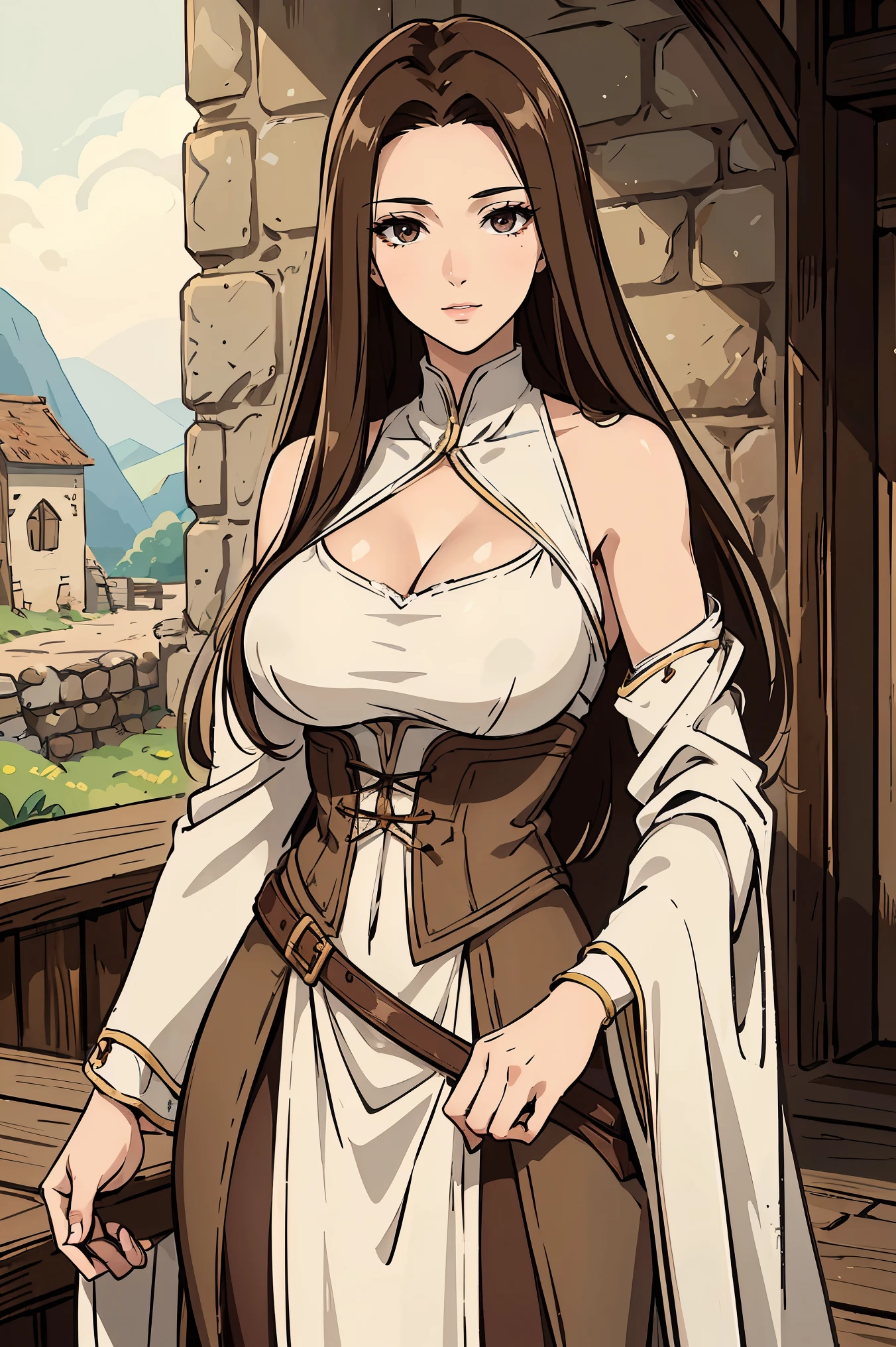 women, 30 years old, Medieval clothing, poor clothing, brown white clothing, beauty marks, extreme skinny wide shoulders, mid-sized breasts, natural breasts, mother, grateful expression, beautiful hair, brown hair, big eyes, brown eyes, detailed eyes, old dirt path, adventurers world
