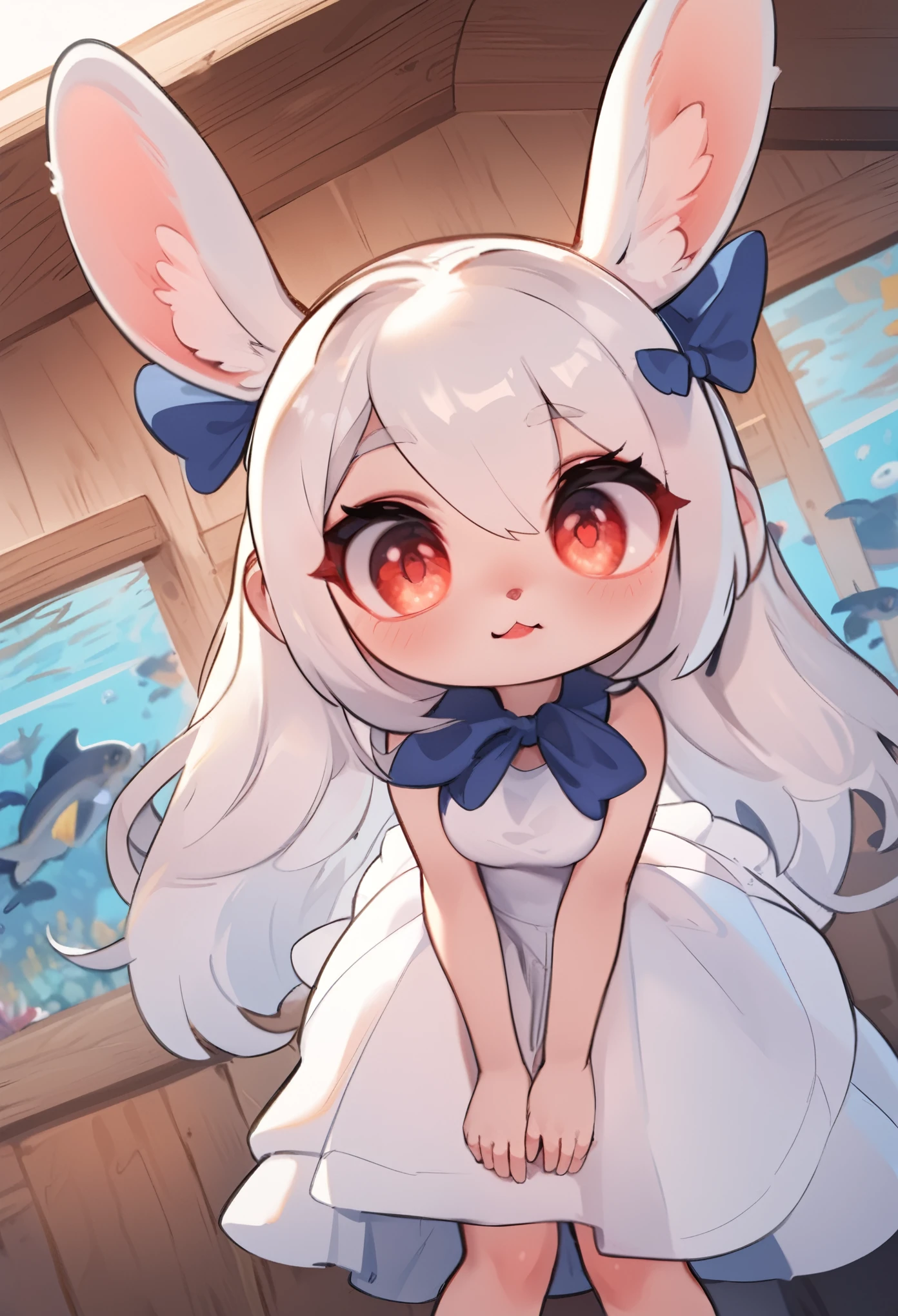 solo,1girl\(human,cute,kawaii,chibi,,small kid,(white hair:1.2),very long hair,long hair,(fluffy white rabbit ear1.4),red eye,big eyes,beautiful shiny eyes,skin color white,long eyeblow,big hairbow,(white frilled dress:1.3),breast,a small rabbit tale at hip, looking at the aquarium,full body\), BREAK ,background\(inside wooden warm house,aquarium\),(dynamic angle:1.3), BREAK ,quality\(8k,wallpaper of extremely detailed CG unit, ​masterpiece,hight resolution,top-quality,top-quality real texture skin,hyper realisitic,increase the resolution,RAW photos,best qualtiy,highly detailed,the wallpaper,golden ratio\)