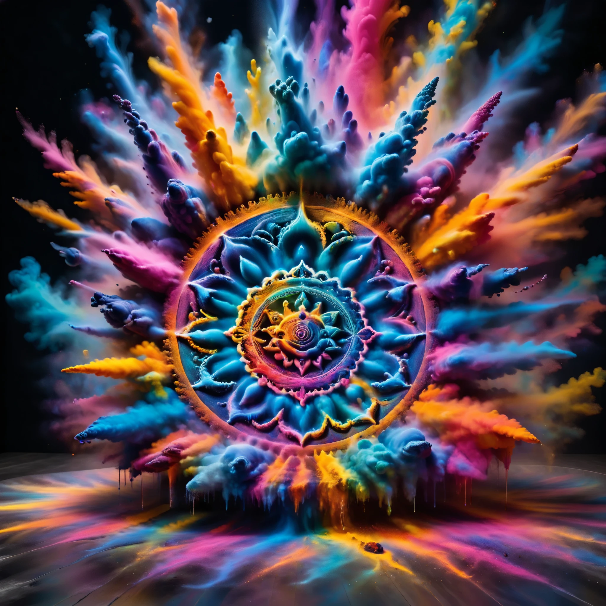 A mesmerizing image of a chakras mandala, bathed in the colors of ambient mystical light. The mandala is surrounded by a breathtaking display of vibrant, colorful, powder-like smoke that billows, swirls and dances, creating an enchanting effect. Each segment of the mandala aligns with a different color of smoke, radiating energy and tranquility.