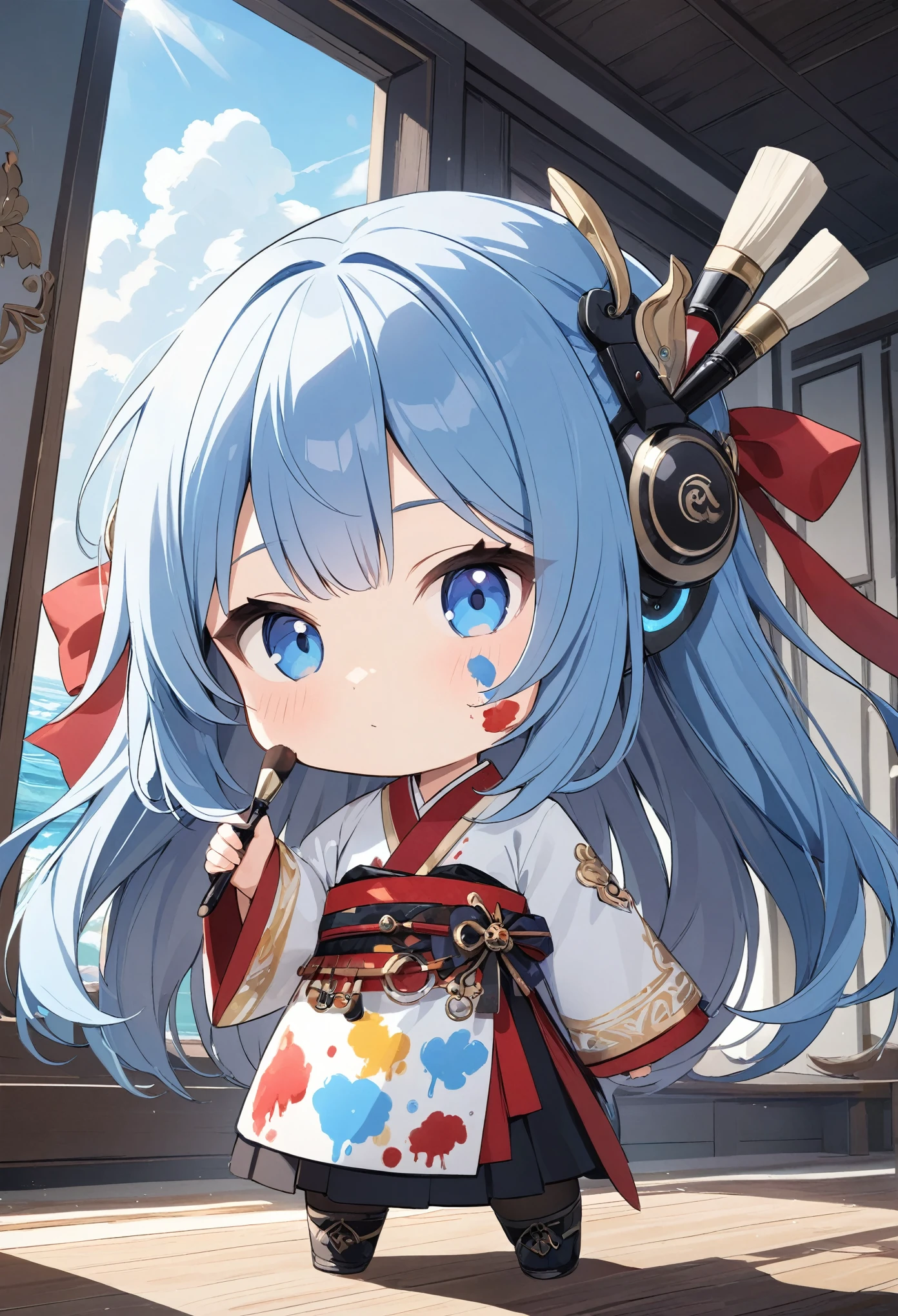 solo,1girl\((chibi),Chibi Character,cute,Blue Hair,long hair,(Paint on cheek\((red,blue:1.3)\):1.4),((holding palette and paint brush)),blue eyes,kimono\(short,white and blue spiral\),(white robot headset\(designed to resemble a cloud\):1.3),(anntenae\((paint brushes:1.6)\):1.5),full body\), BREAK ,background\(simple, ocean, sky\),dynamic angle, BREAK ,quality\(8k,wallpaper of extremely detailed CG unit, ​masterpiece,hight resolution,top-quality,top-quality real texture skin,hyper realisitic,increase the resolution,RAW photos,best qualtiy,highly detailed,the wallpaper,cinematic lighting,ray trace,golden ratio,\)
